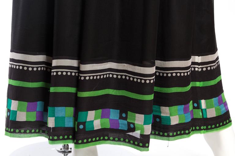 1970S Black & White Silk Mousseline Long Sleeved Gown With Purple Green Geometr For Sale 3