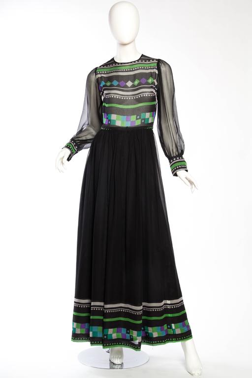 1970S Black & White Silk Mousseline Long Sleeved Gown With Purple Green Geometric Print From Brussels