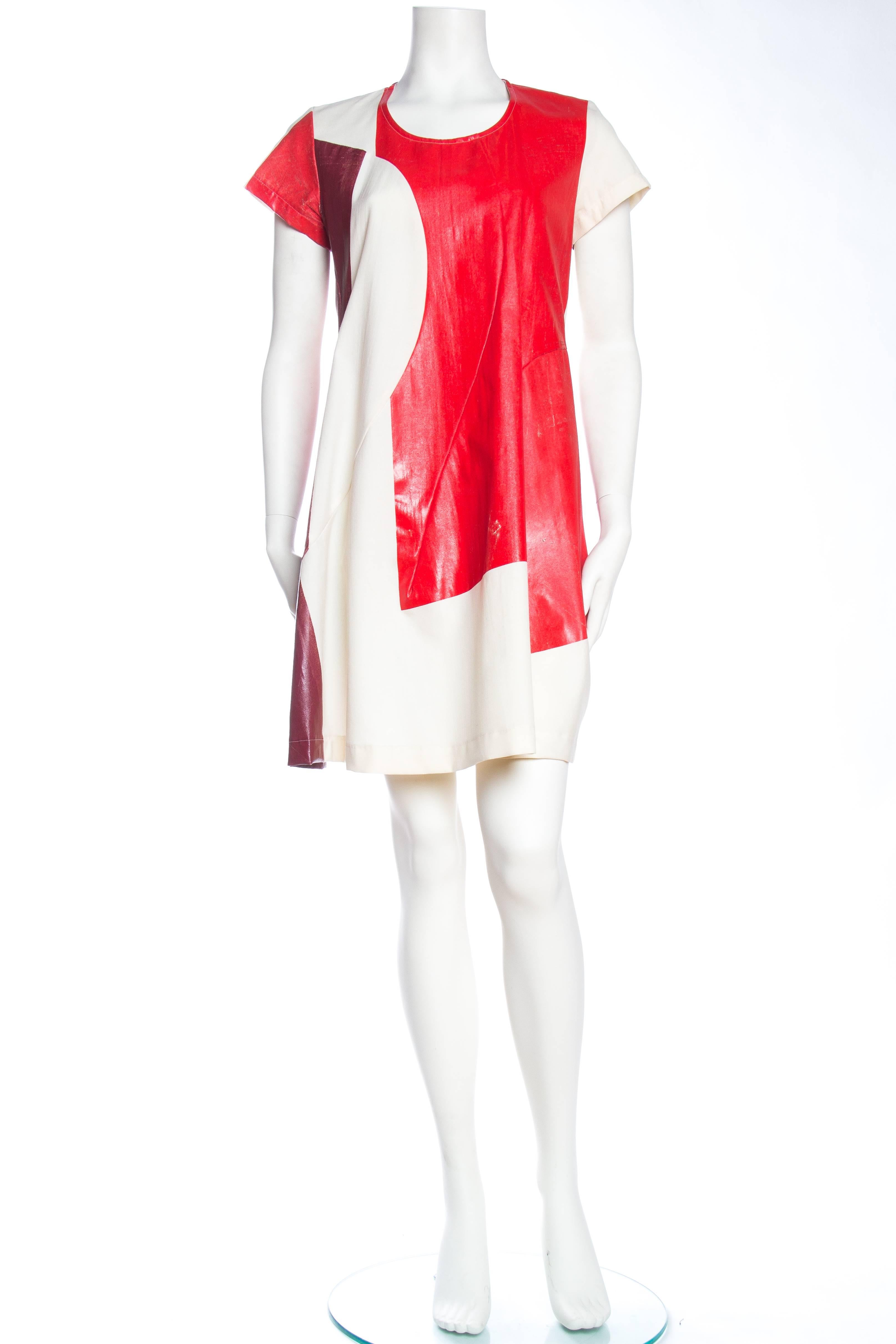 1990S COMME DES GARCONS Red & White Cotton Hand-Painted Patchwork Muslin Dress From 1995