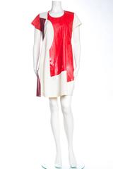 1990S COMME DES GARCONS Red & White Cotton Hand-Painted Patchwork Muslin Dress
