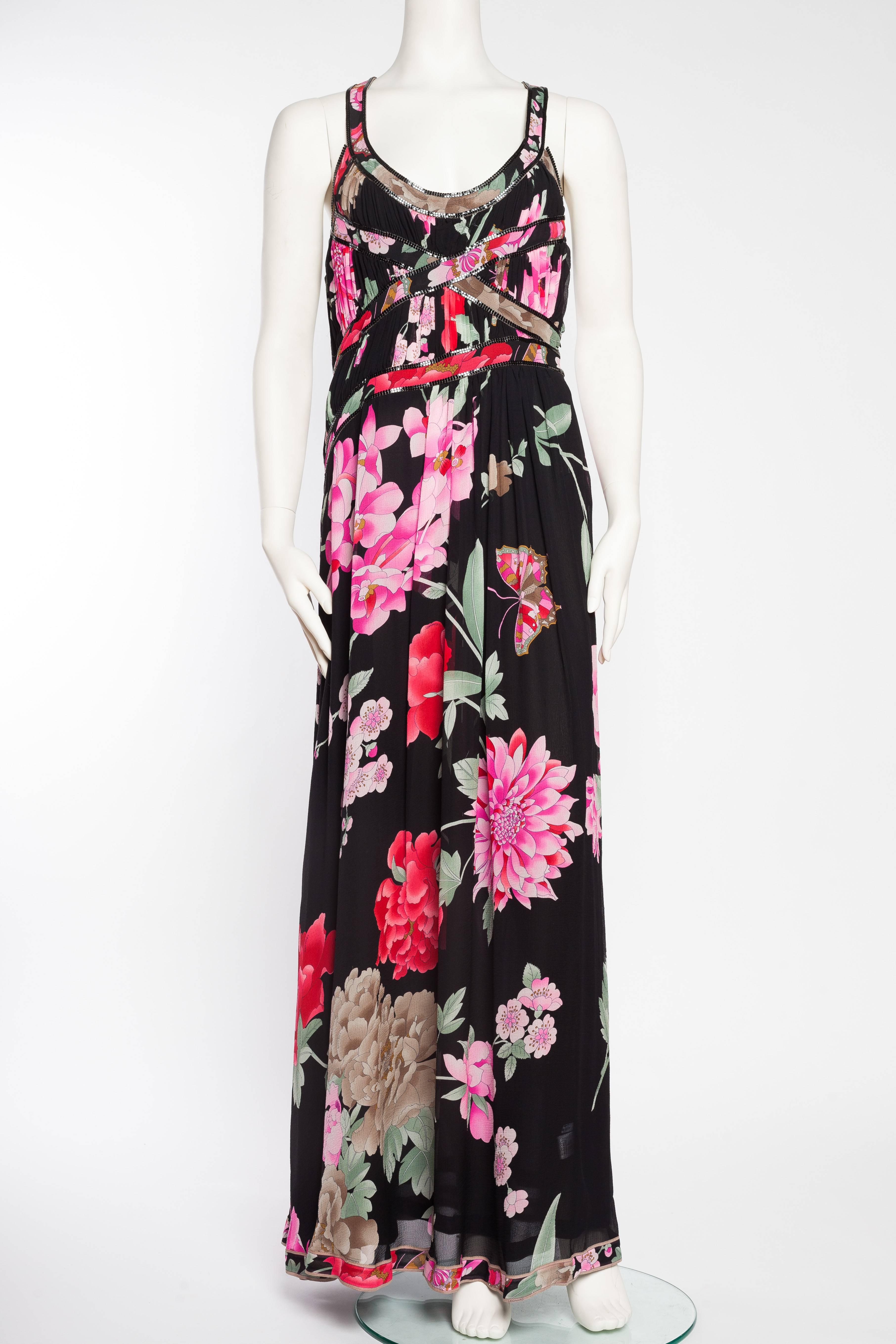 1990S LEONARD Pink & Black Silk Chiffon Tropical Floral Gown With Metal Mesh Trim