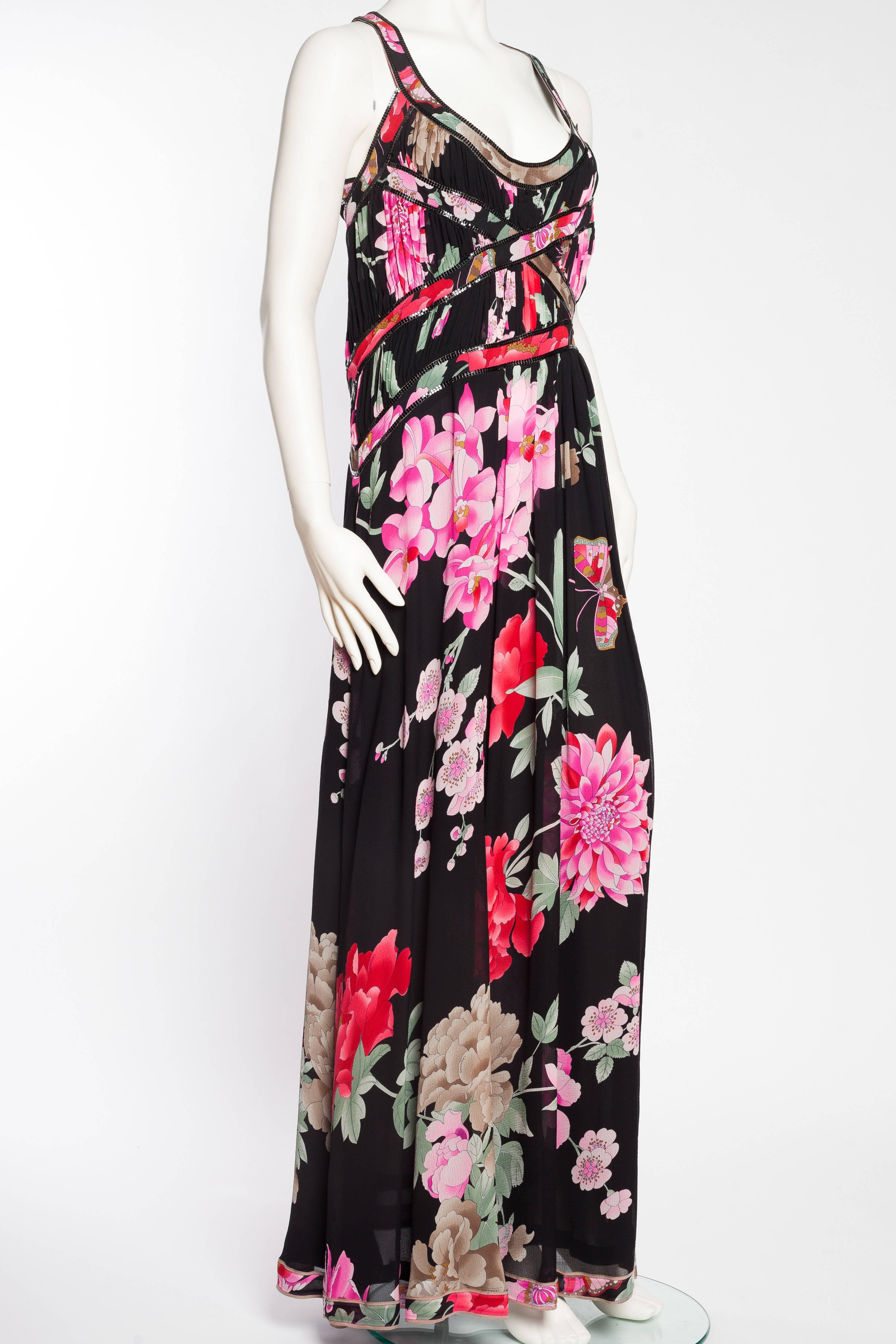1990S LEONARD Pink & Black Silk Chiffon Tropical Floral Gown With Metal Mesh Tr In Excellent Condition In New York, NY