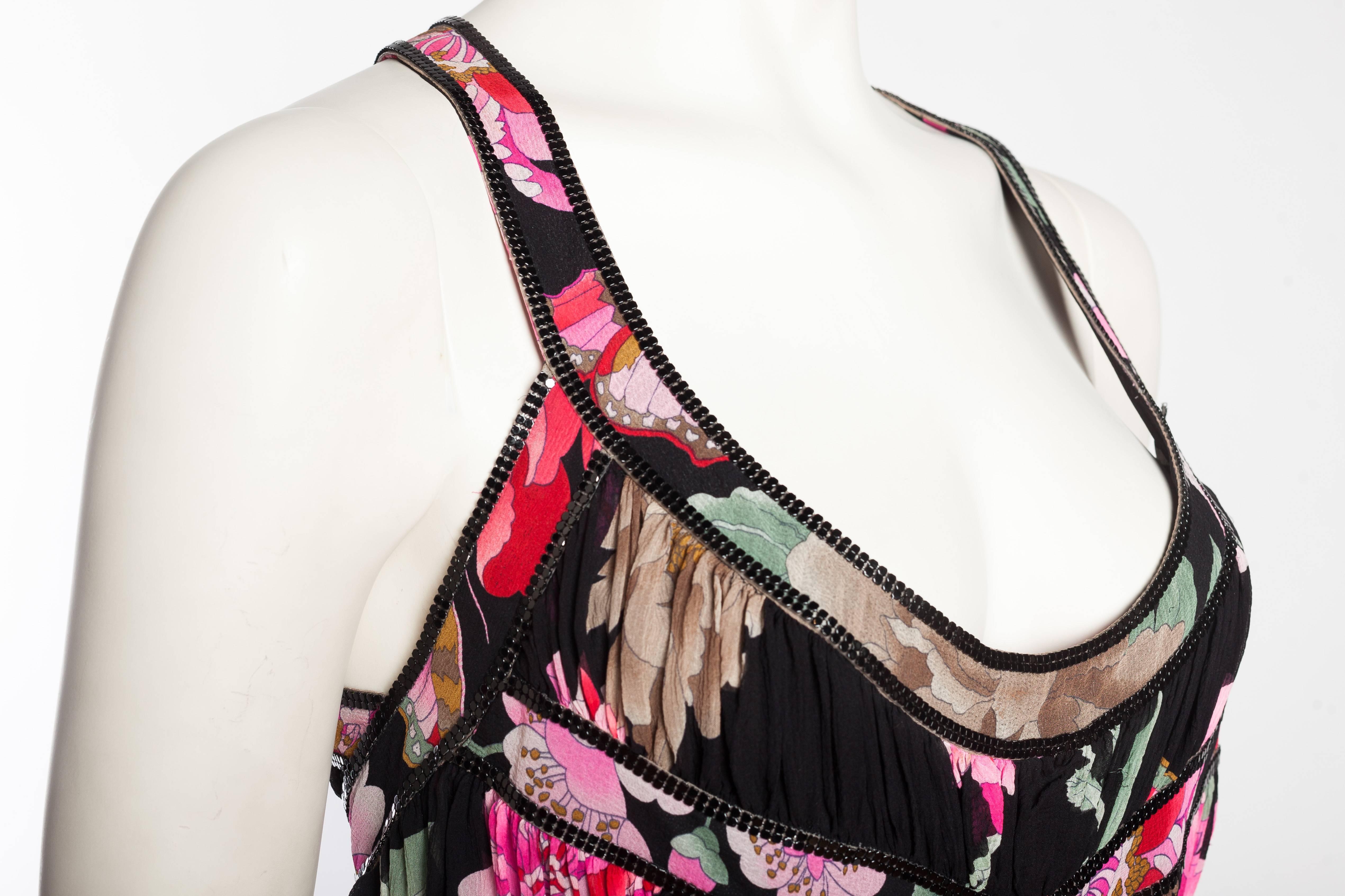 1990S LEONARD Pink & Black Silk Chiffon Tropical Floral Gown With Metal Mesh Tr 2