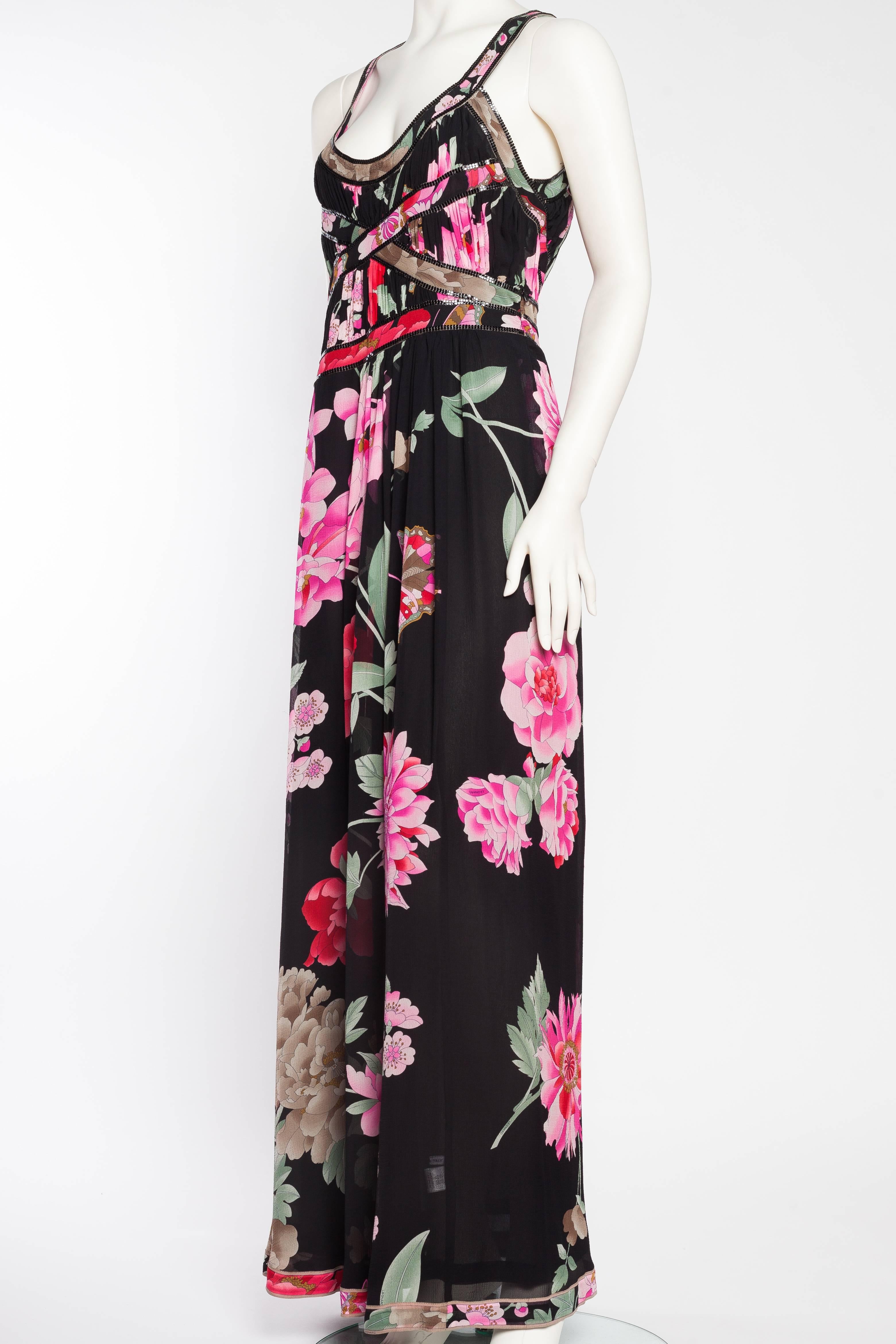 Women's 1990S LEONARD Pink & Black Silk Chiffon Tropical Floral Gown With Metal Mesh Tr