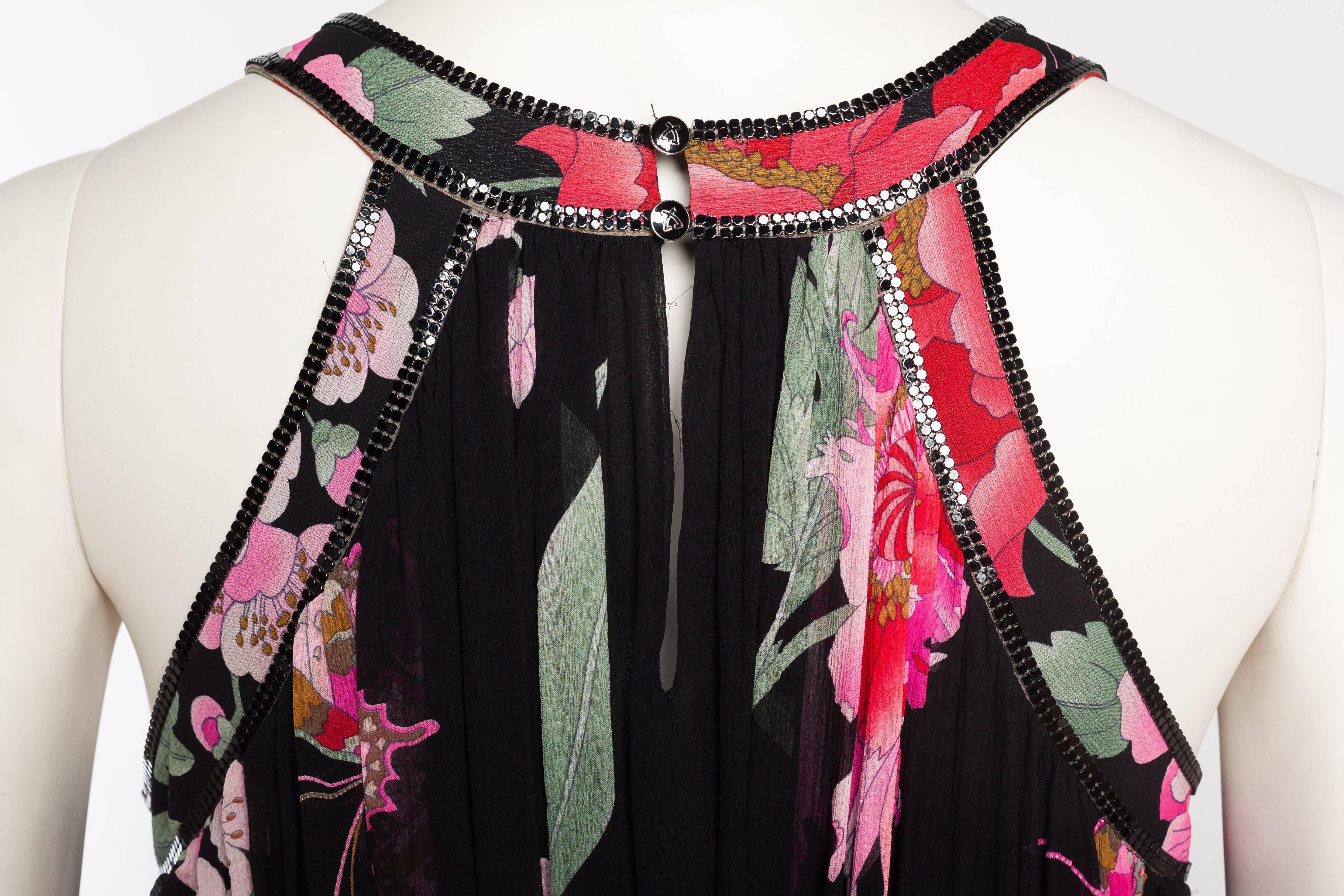 1990S LEONARD Pink & Black Silk Chiffon Tropical Floral Gown With Metal Mesh Tr 3