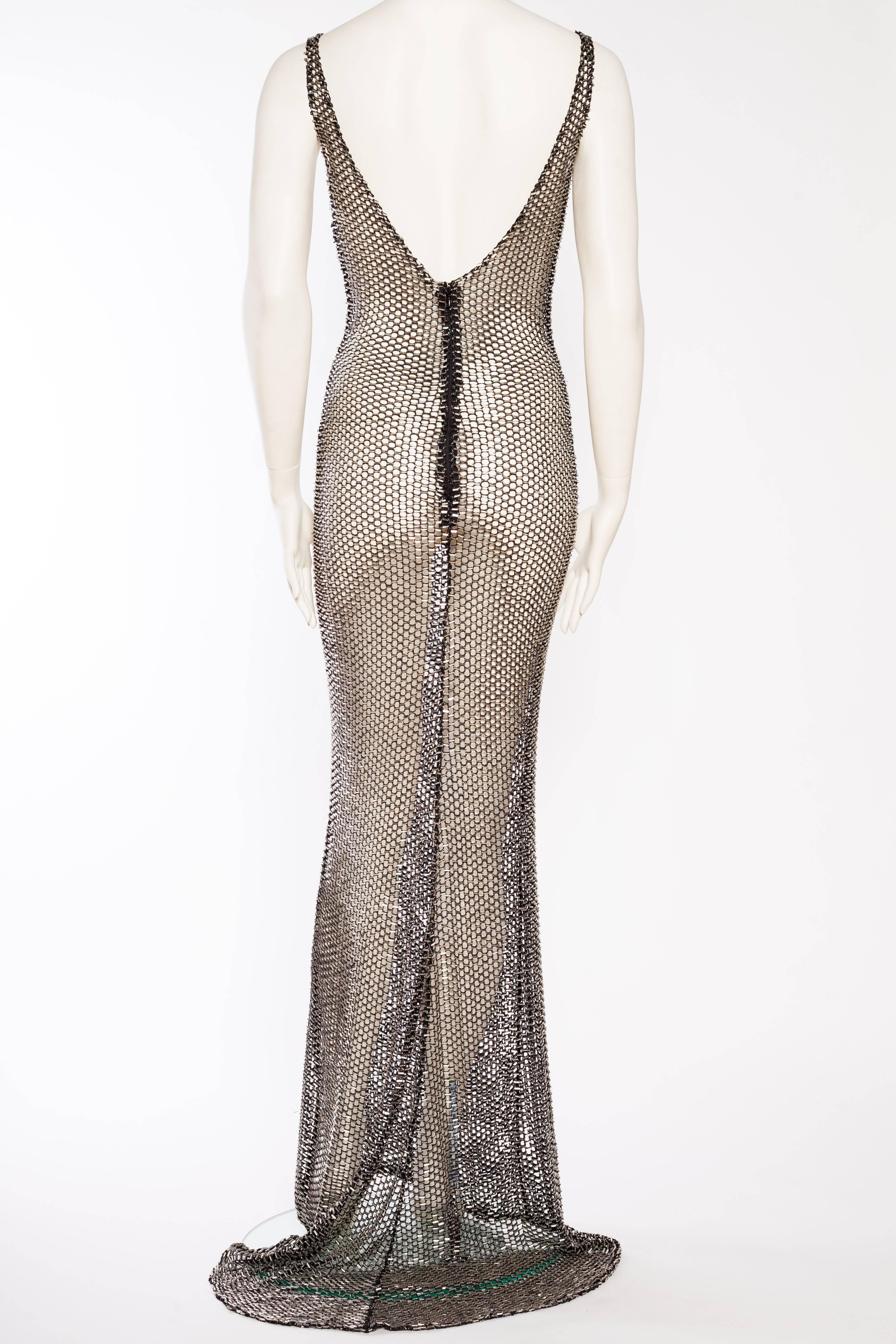 Gray bugle bead net gown with train