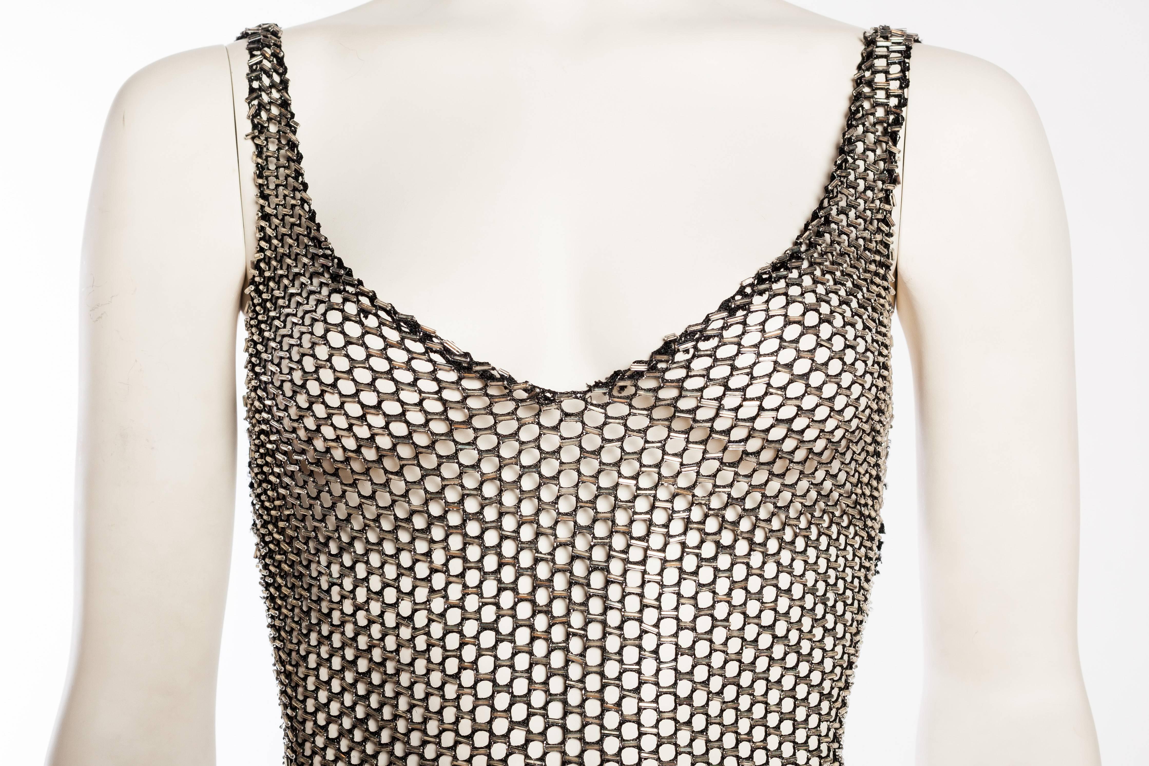 bugle bead net gown with train In Excellent Condition In New York, NY