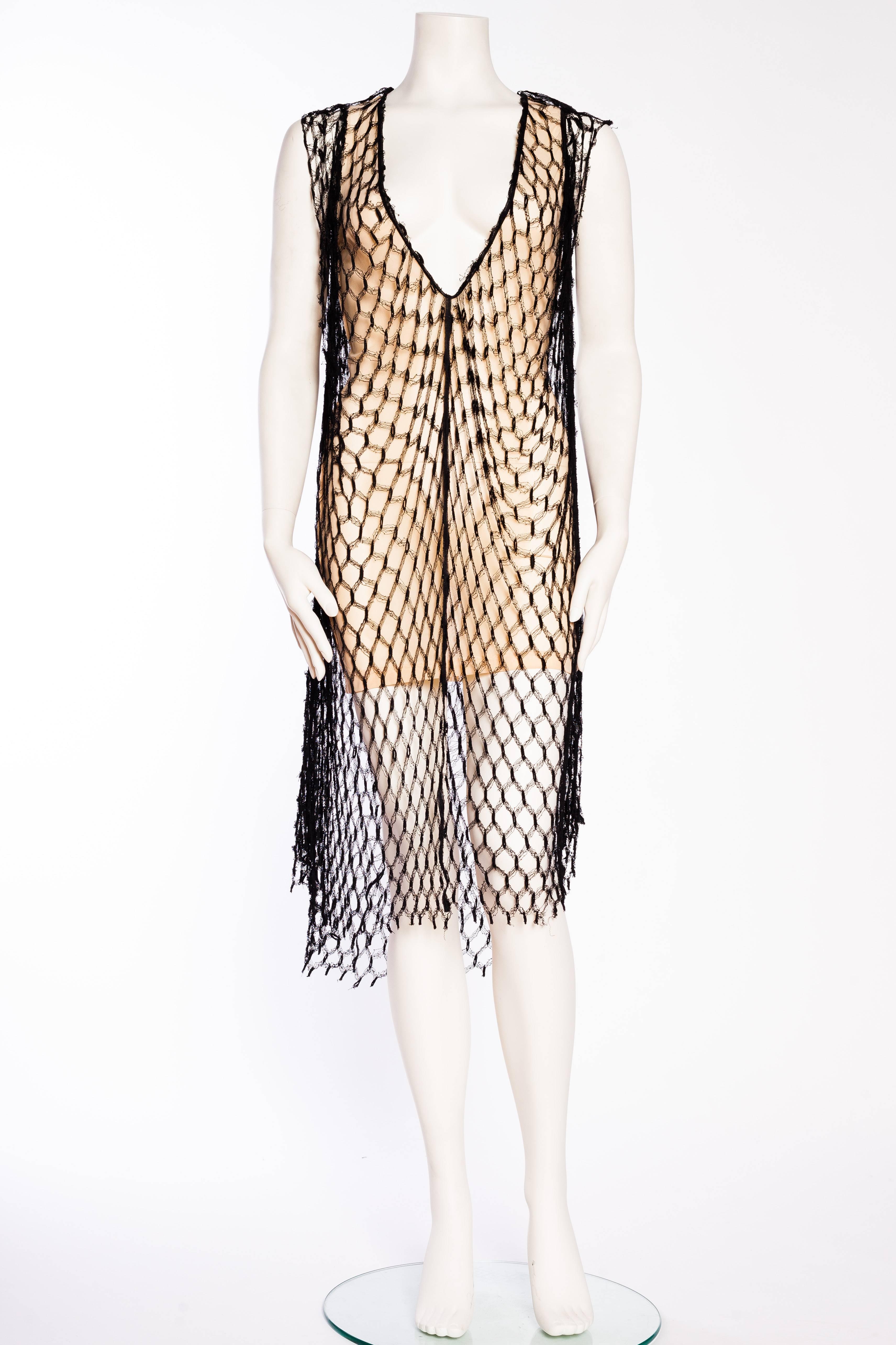 1990S JEAN PAUL GAULTIER Stretch  Net Low-Cut Nude Mini Dress With Oversized Black Fishnet Layer