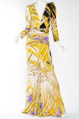 Leonard Style Silk Jersey Tropical Floral Low Cut Trained Gown With Sleeves