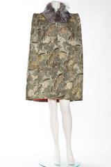 1940S Green & Gold Silk Cape Made From Antique Japanese Jacquard With Fox Fur C