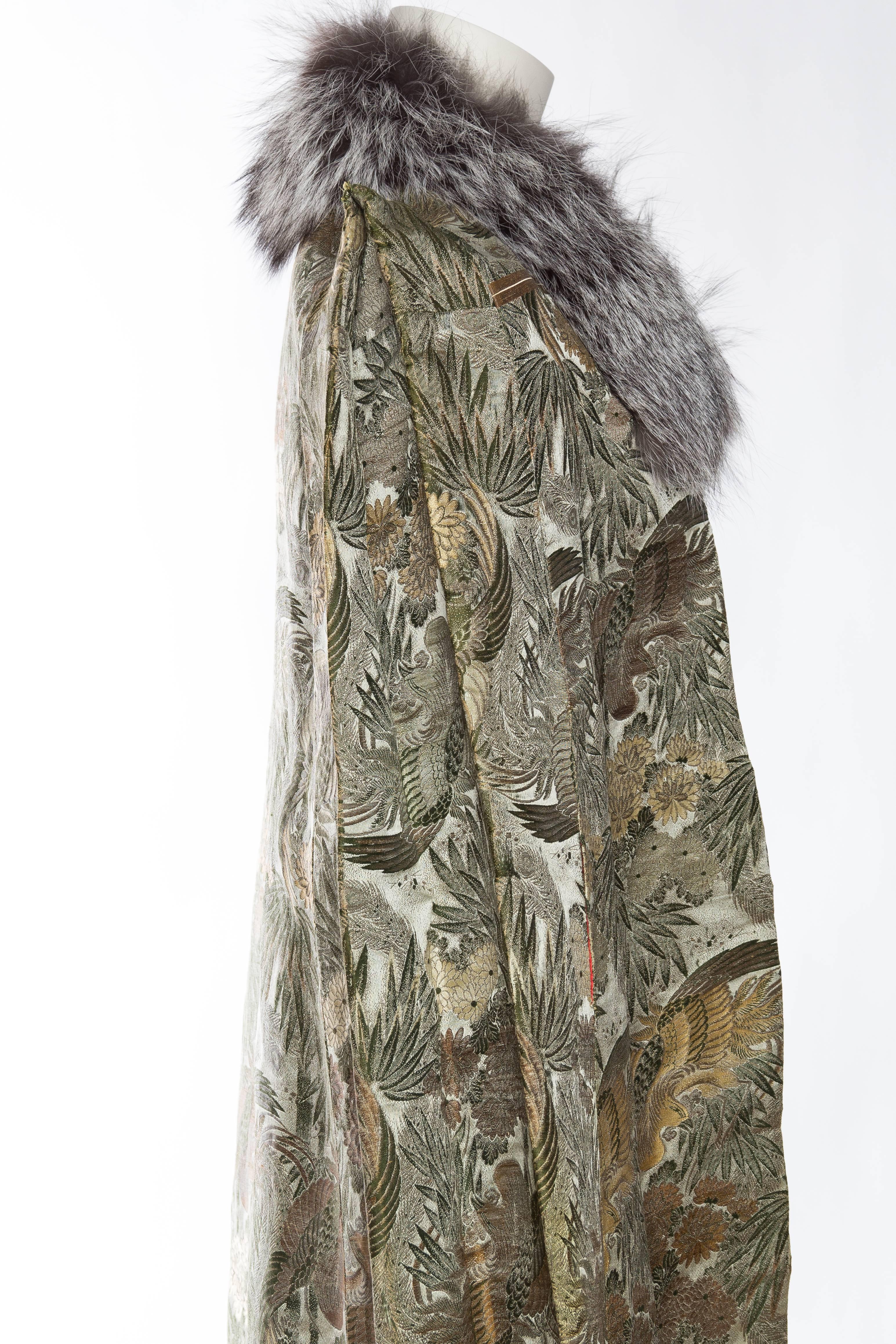 Women's 1940S Green & Gold Silk Cape Made From Antique Japanese Jacquard With Fox Fur C For Sale