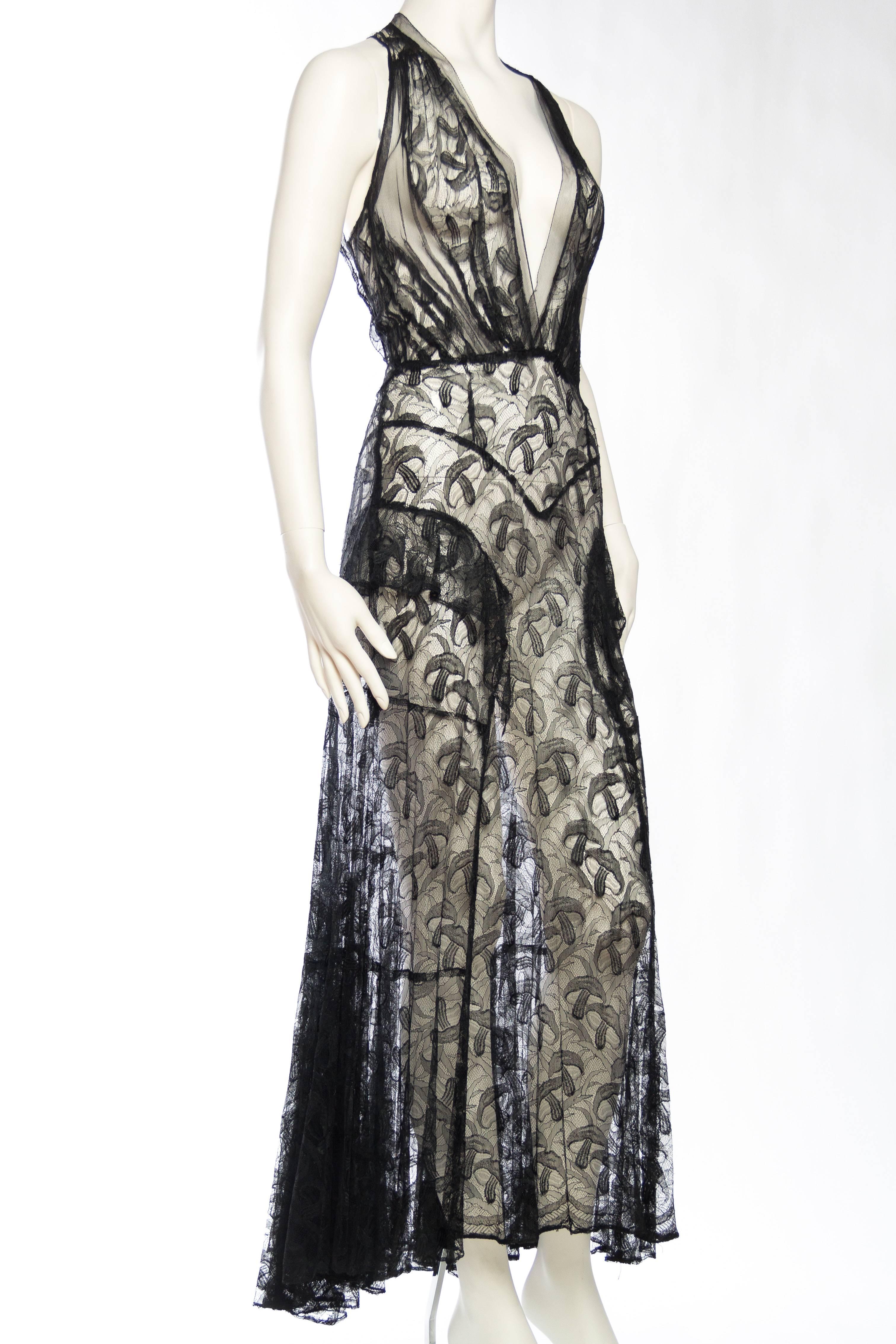 Black 1930s Sheer Silk Lace and Net Gown
