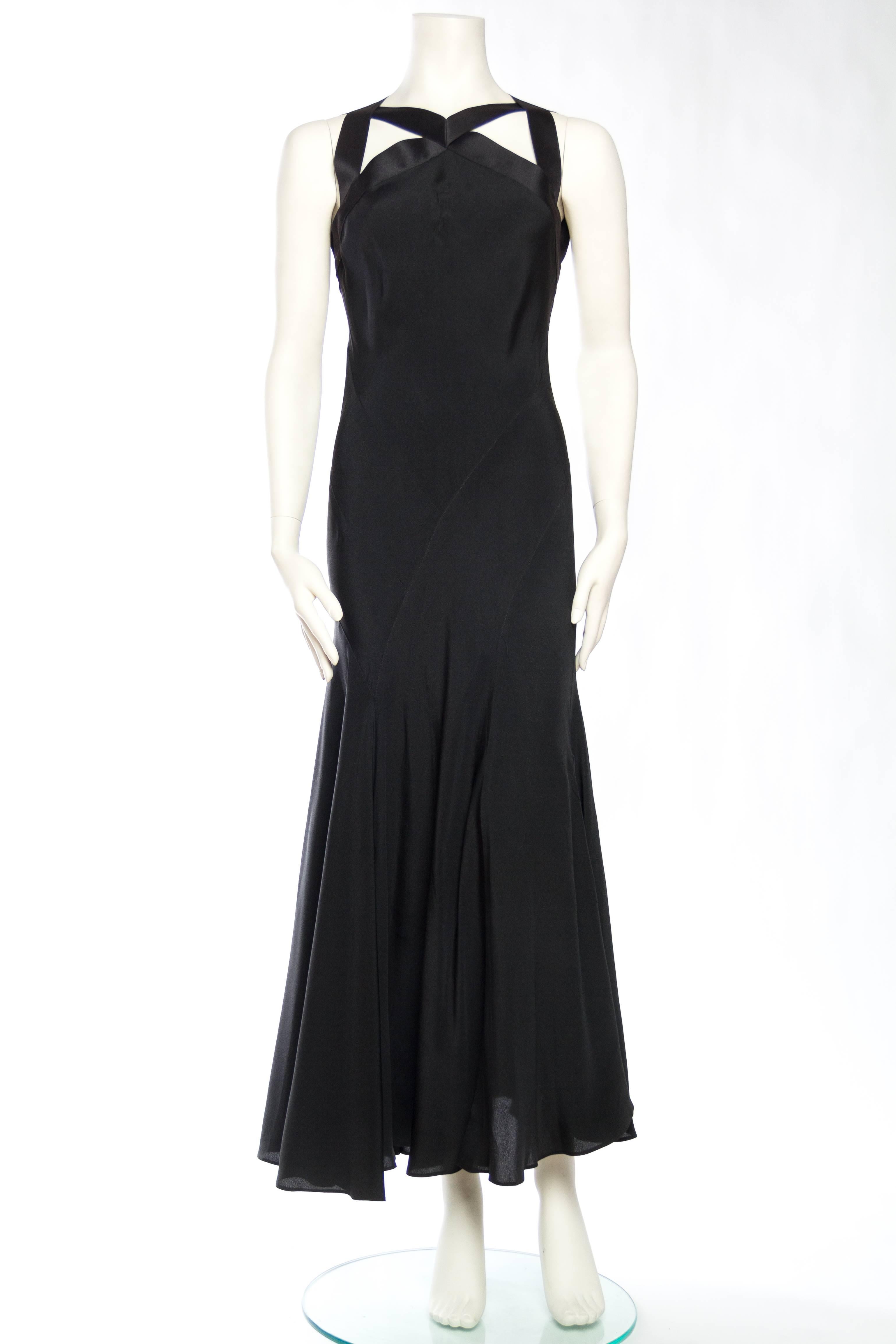 Black 1930s Art-Deco Seamed Bias-Cut Gown with Ribbon Detailed Cut-outs