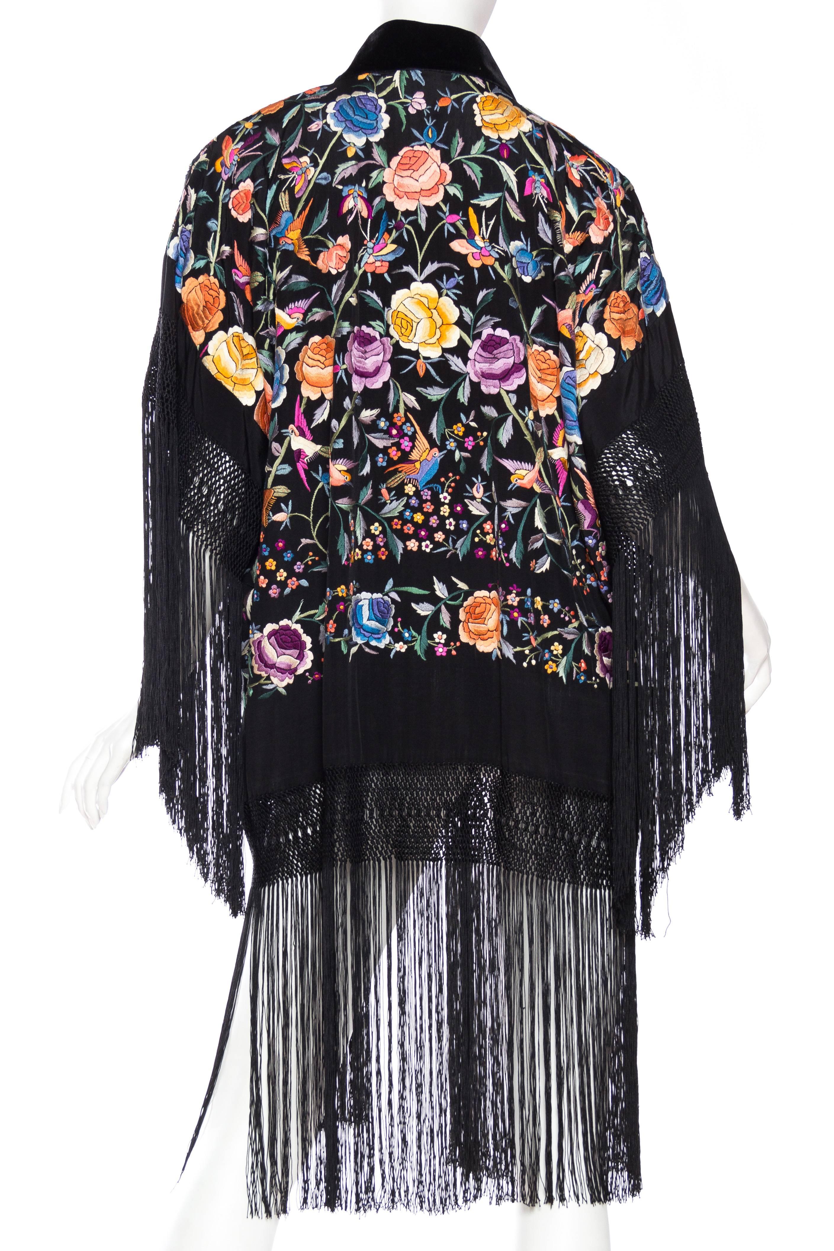 Black Hand Embroidered Kimono made from Vintage Chinese Shawl with Fringe and Peacocks