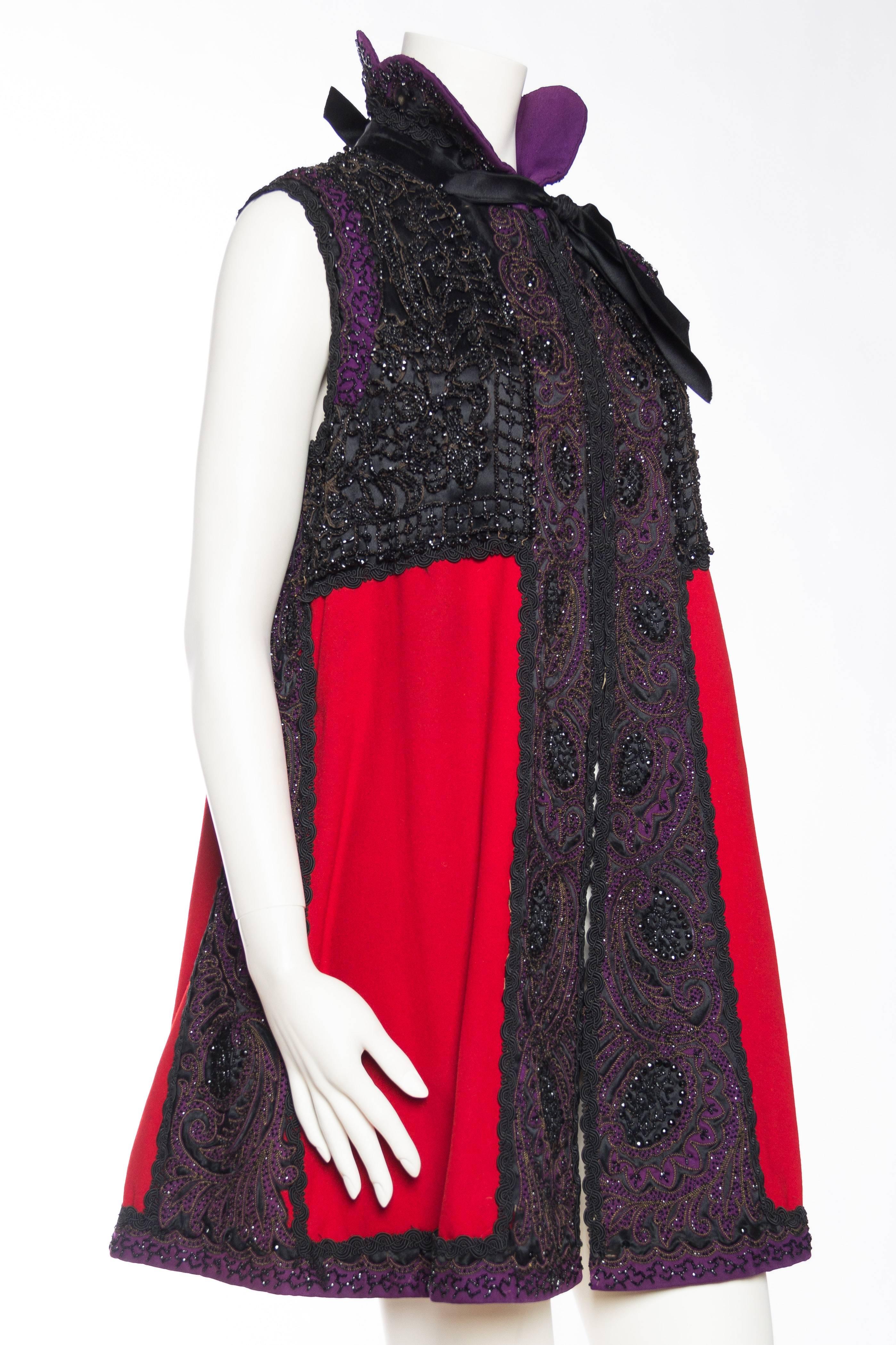 MORPHEW COLLECTION Red & Black Silk Wool Vest Made With Victorian Fabric, Beadw In Excellent Condition For Sale In New York, NY
