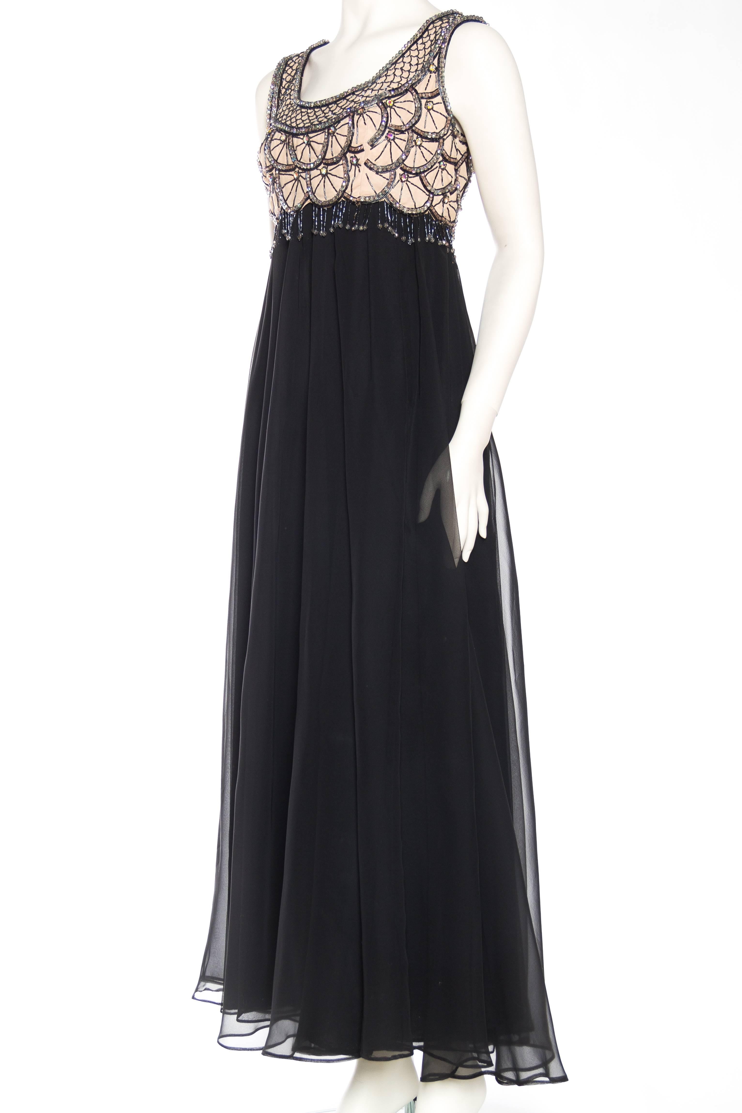 Women's 1960S Black Polyester Chiffon Crystal Beaded Gown With Fringe For Sale