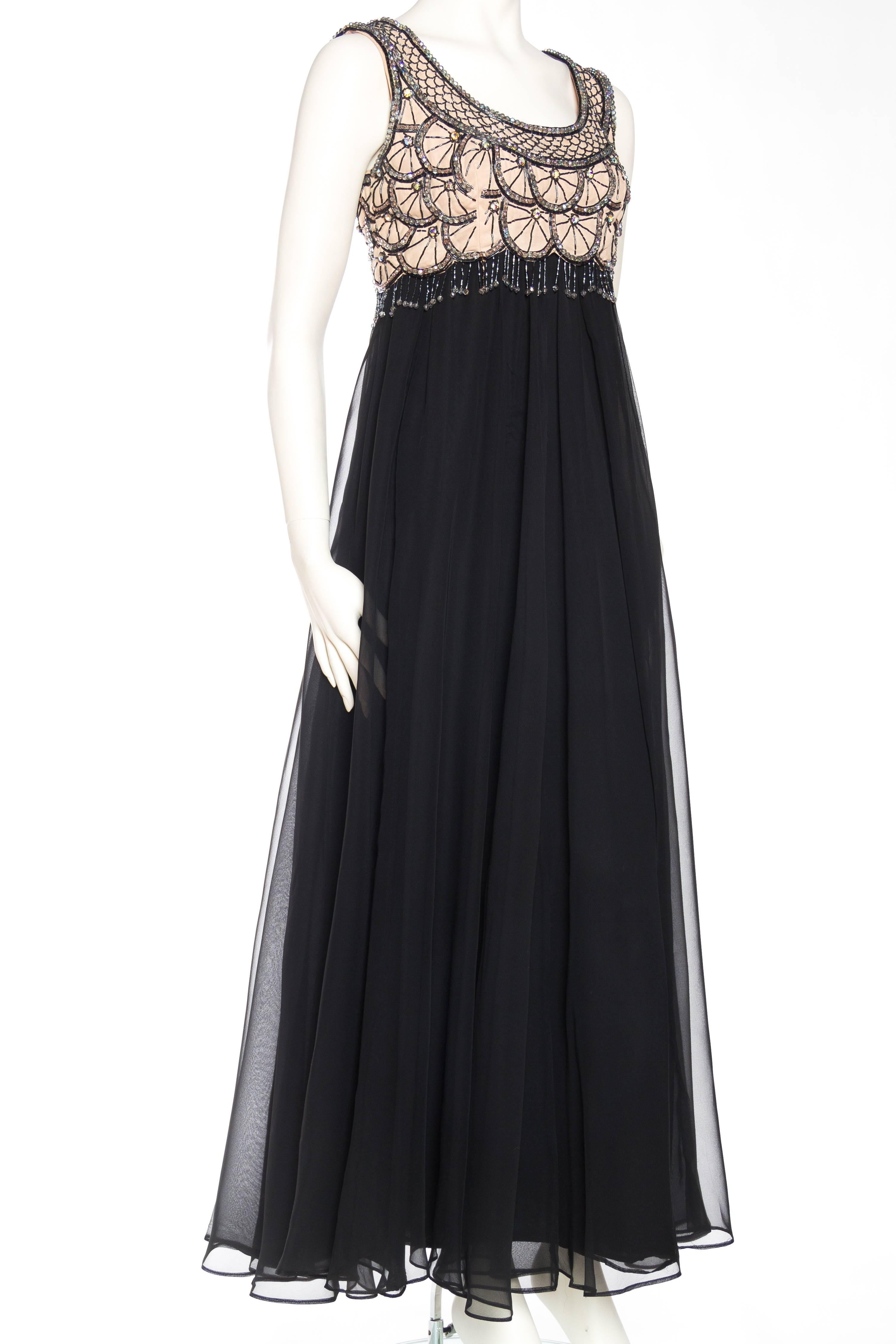 1960S Black Polyester Chiffon Crystal Beaded Gown With Fringe In Excellent Condition For Sale In New York, NY