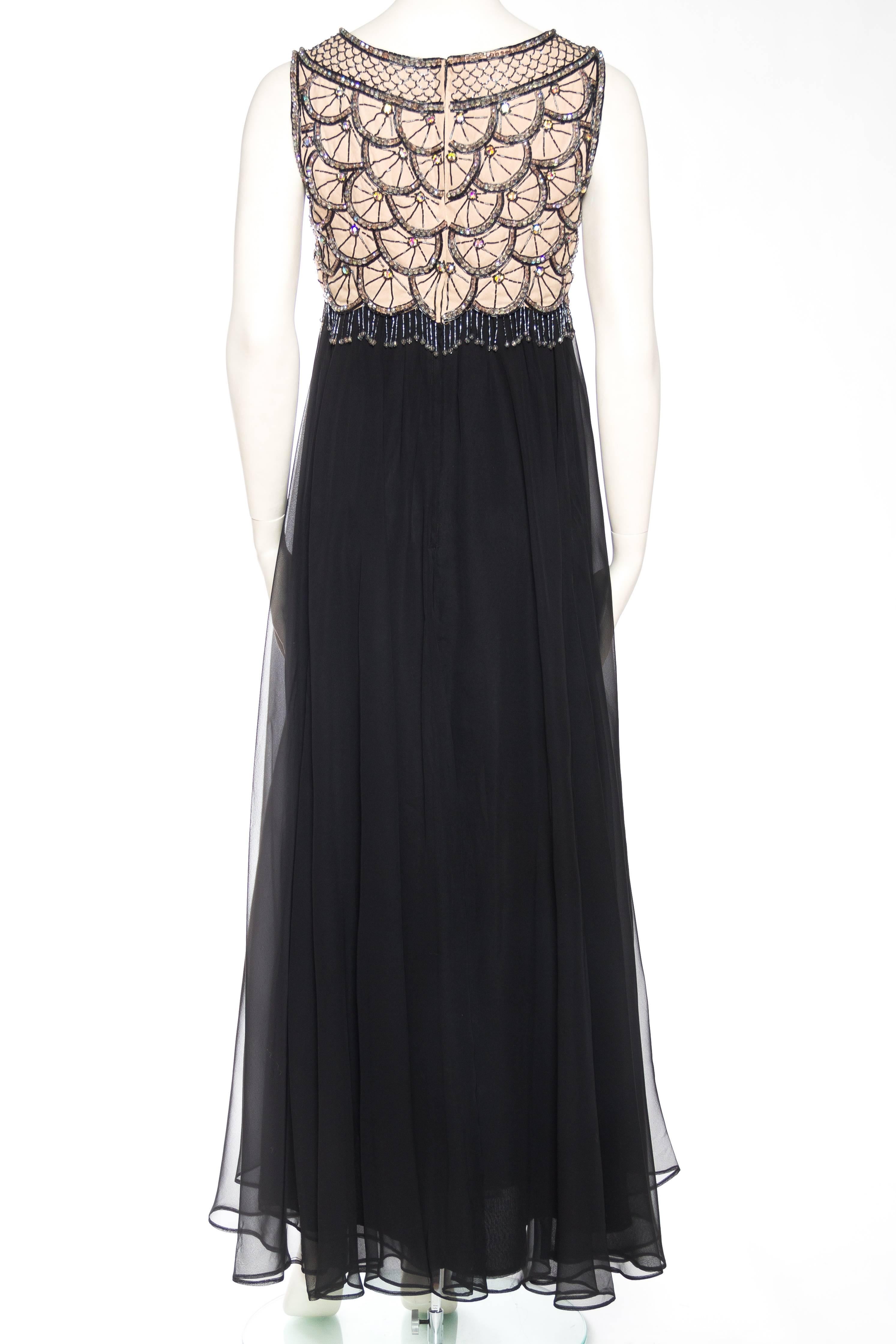 1960S Black Polyester Chiffon Crystal Beaded Gown With Fringe For Sale 1