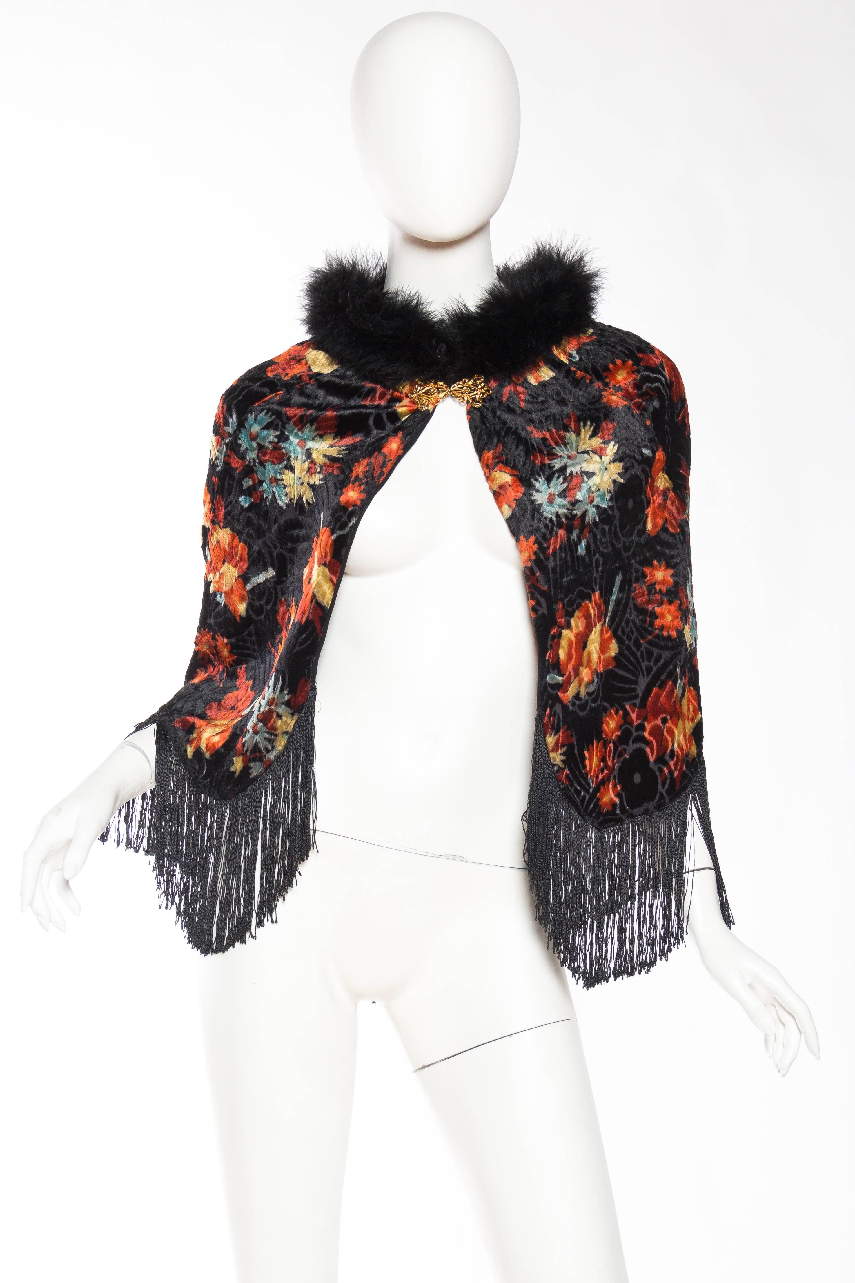 Black Beautiful Printed Silk Burnout 1920s Capelet with Fringe