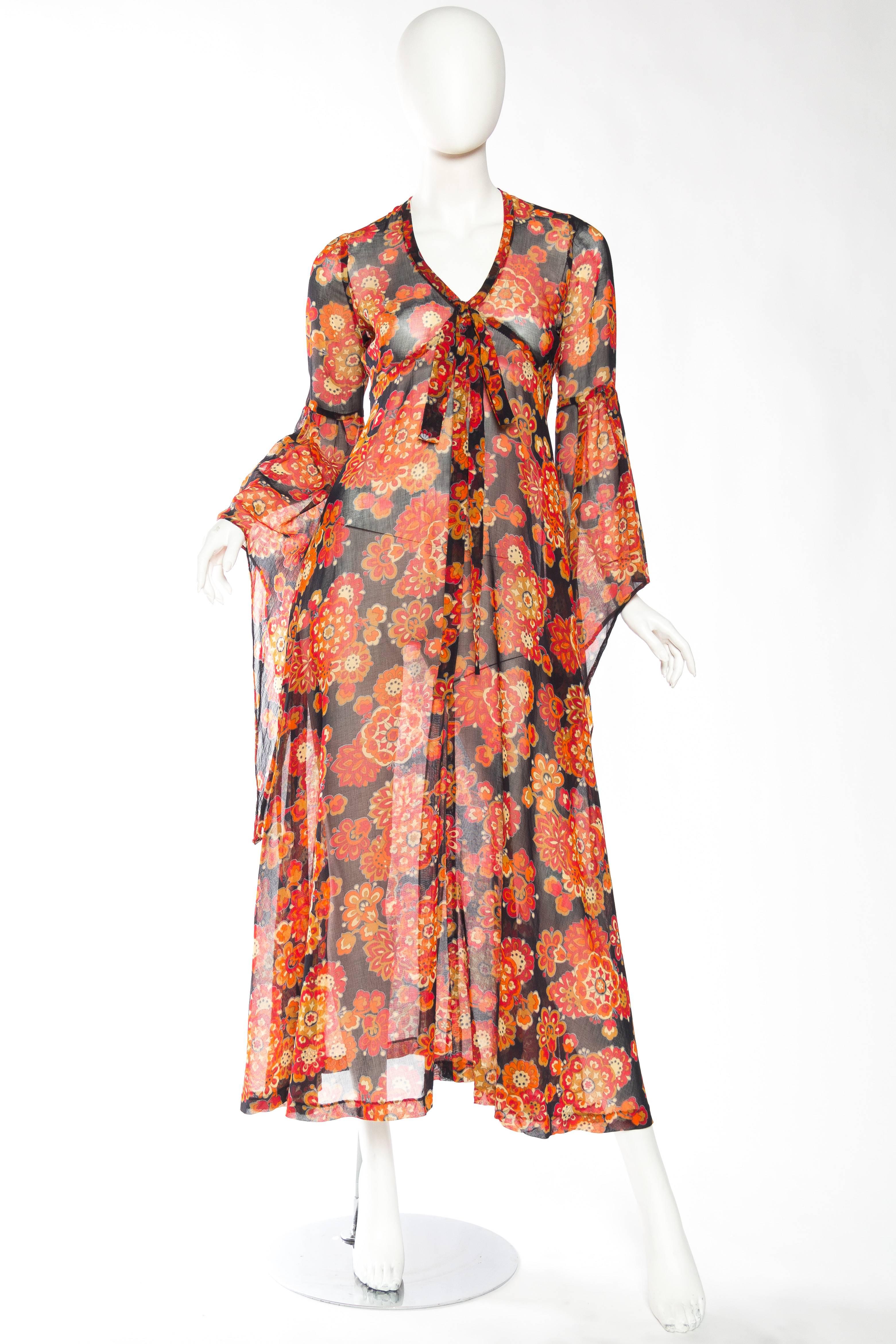 Orange 1960s/ 1970s Lee Bender Bus Stop Sheer Psycadellic Floral Dress