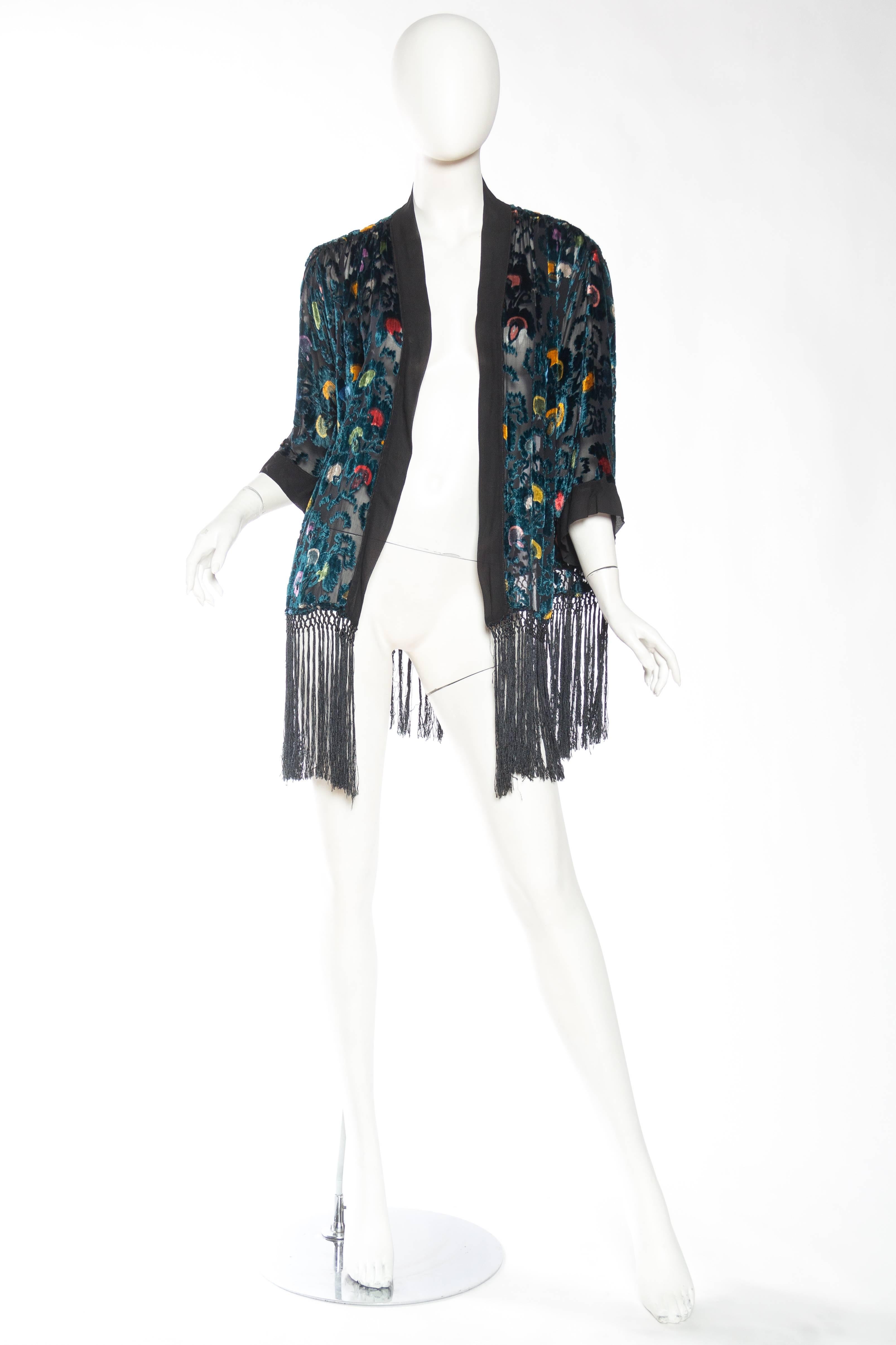 1920s Sheer Silk Velvet Kimono Jacket with Fringe. Made with real woven silk cut velvet with chiffon ground, not burnout velvet! Incredibly rare. 