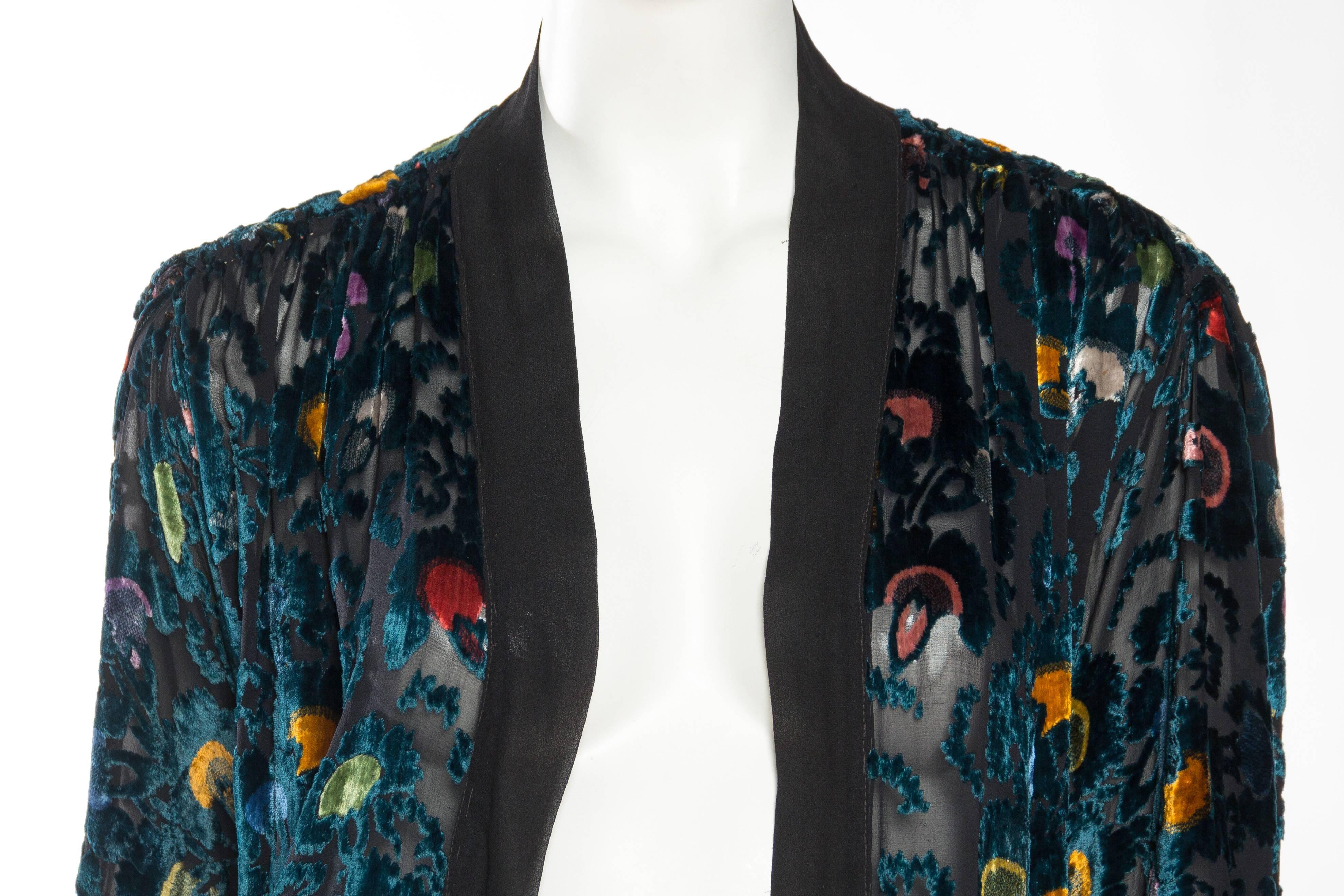 Black 1920s Sheer Silk Velvet Kimono Jacket with Fringe