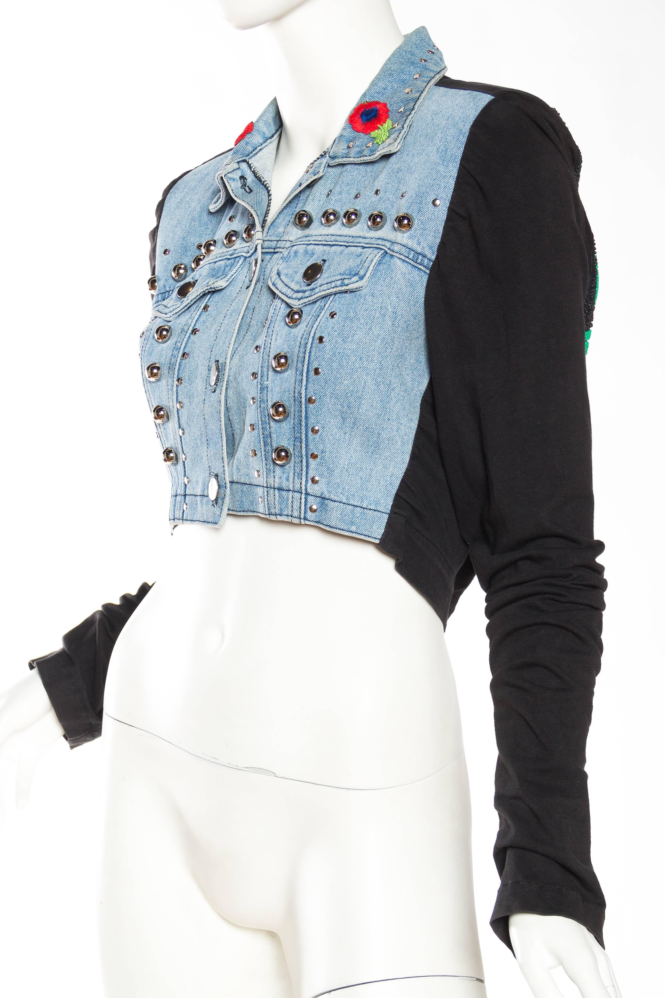 Black MORPHEW COLLECTION Cotton Chrome Studded Denim Jacket With Embroidery & Beaded 