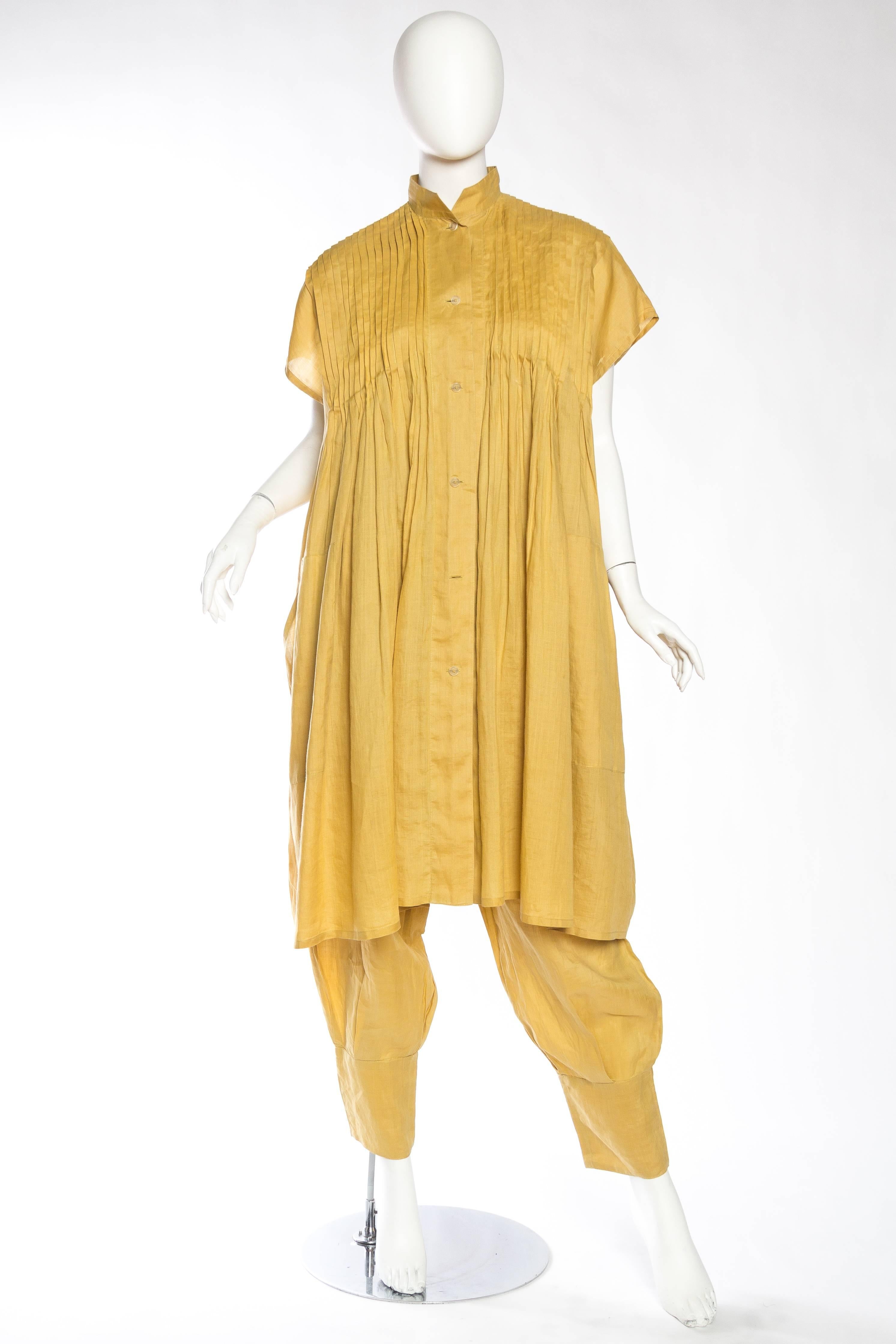 Orange 1980S ISSEY MIYAKE Mustard Yellow Linen Tunic & Pants Ensemble