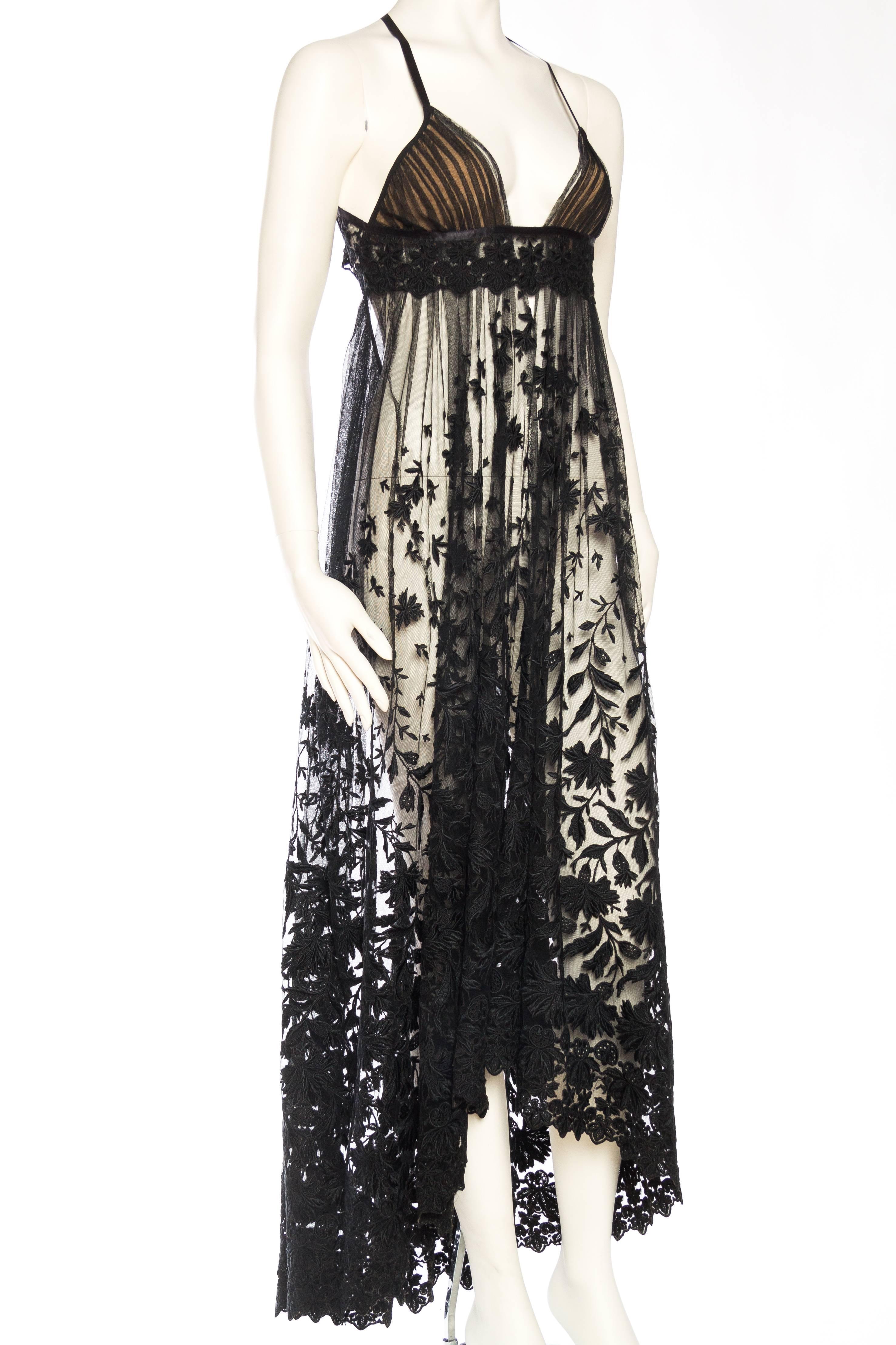 Black Sheer Victorian Lace Net Dress with Floral Embroidery