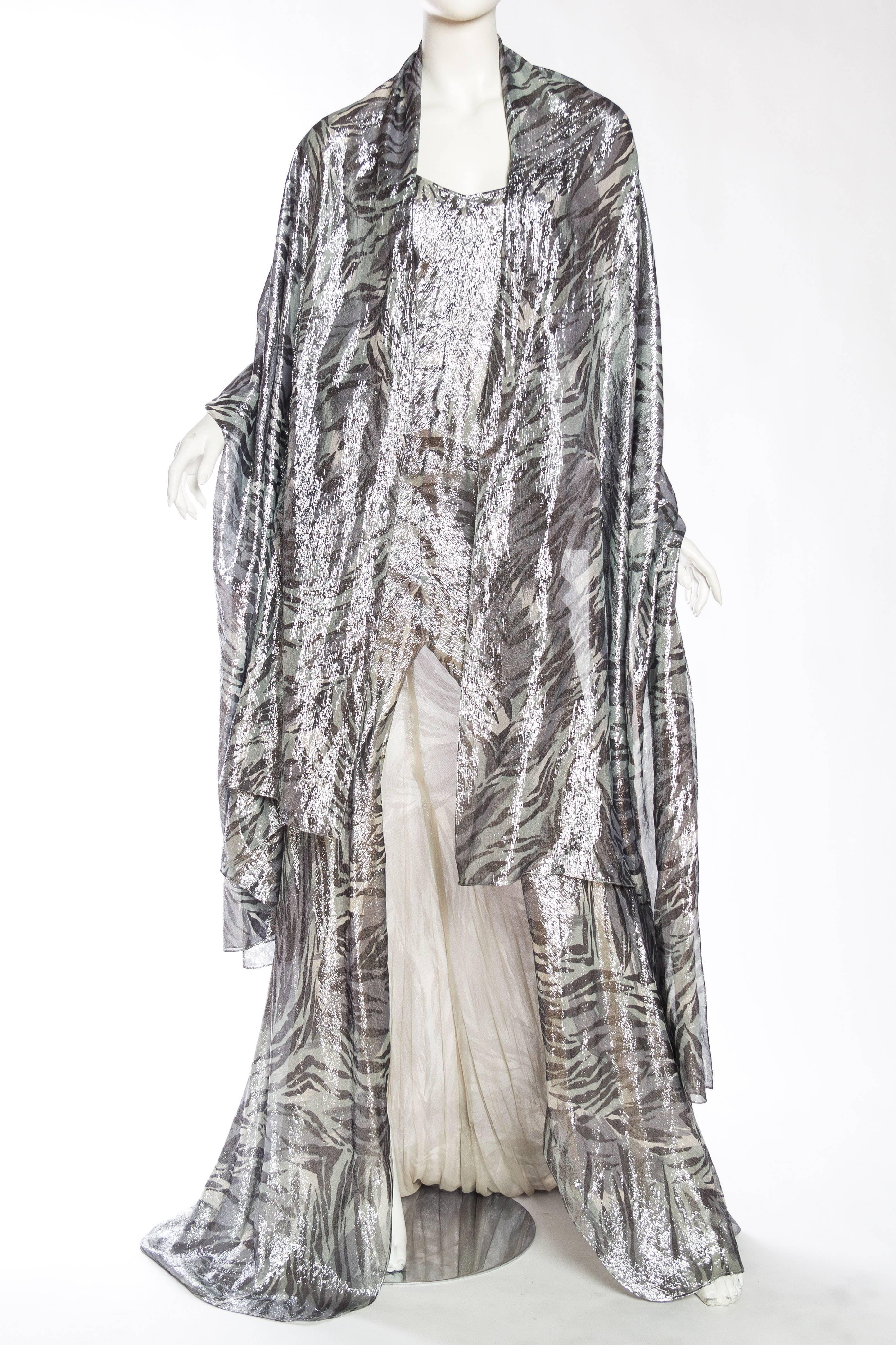 Backless Roberto Cavalli Trained Silver Lamé Gown In Good Condition In New York, NY