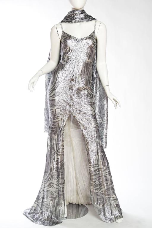 Backless Roberto Cavalli Trained Silver Lamé Gown at 1stDibs | roberto ...