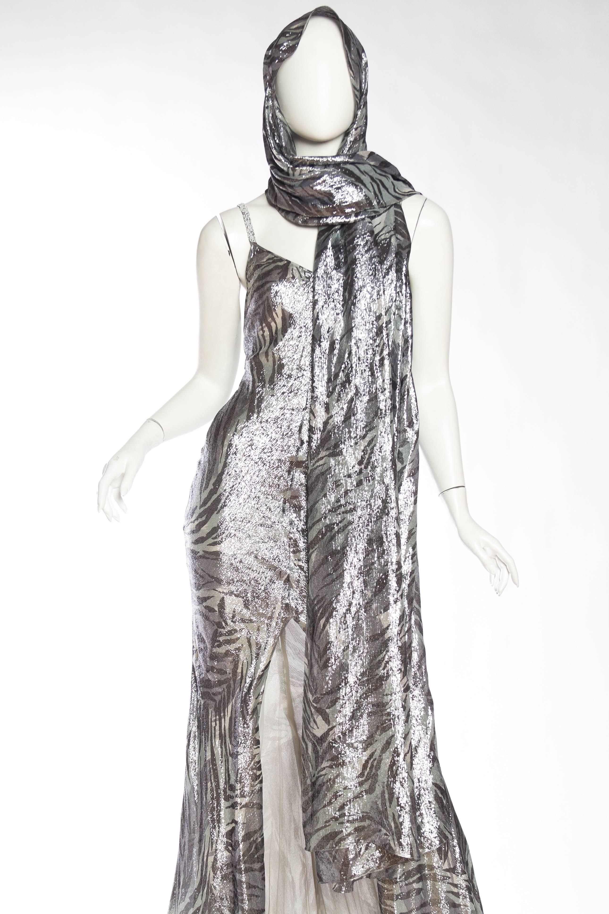 Backless Roberto Cavalli Trained Silver Lamé Gown 1