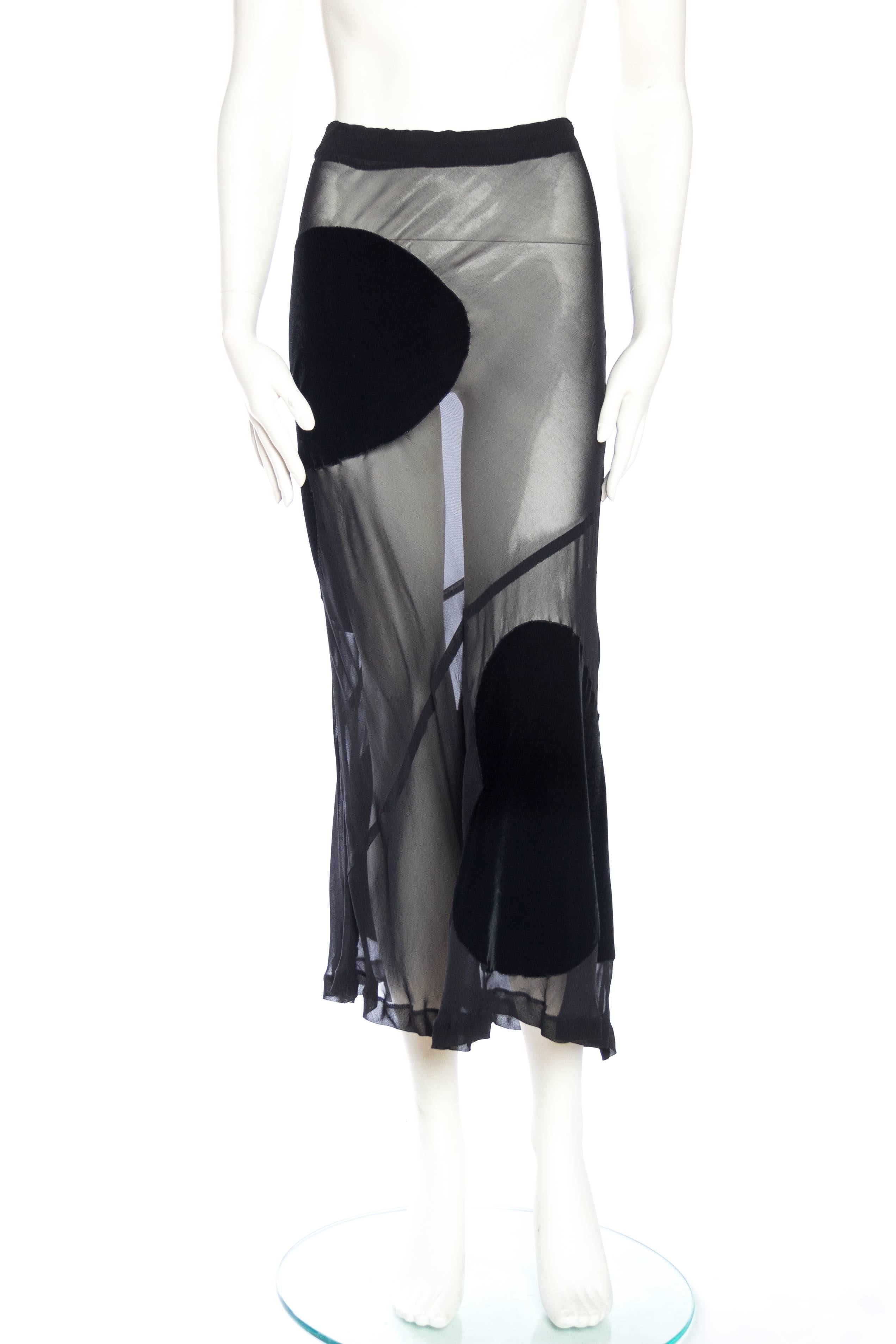 1990S COMME DES GARCONS Black Rayon & Silk Sheer Chiffon Bias Maxi Skirt With Velvet Appliques