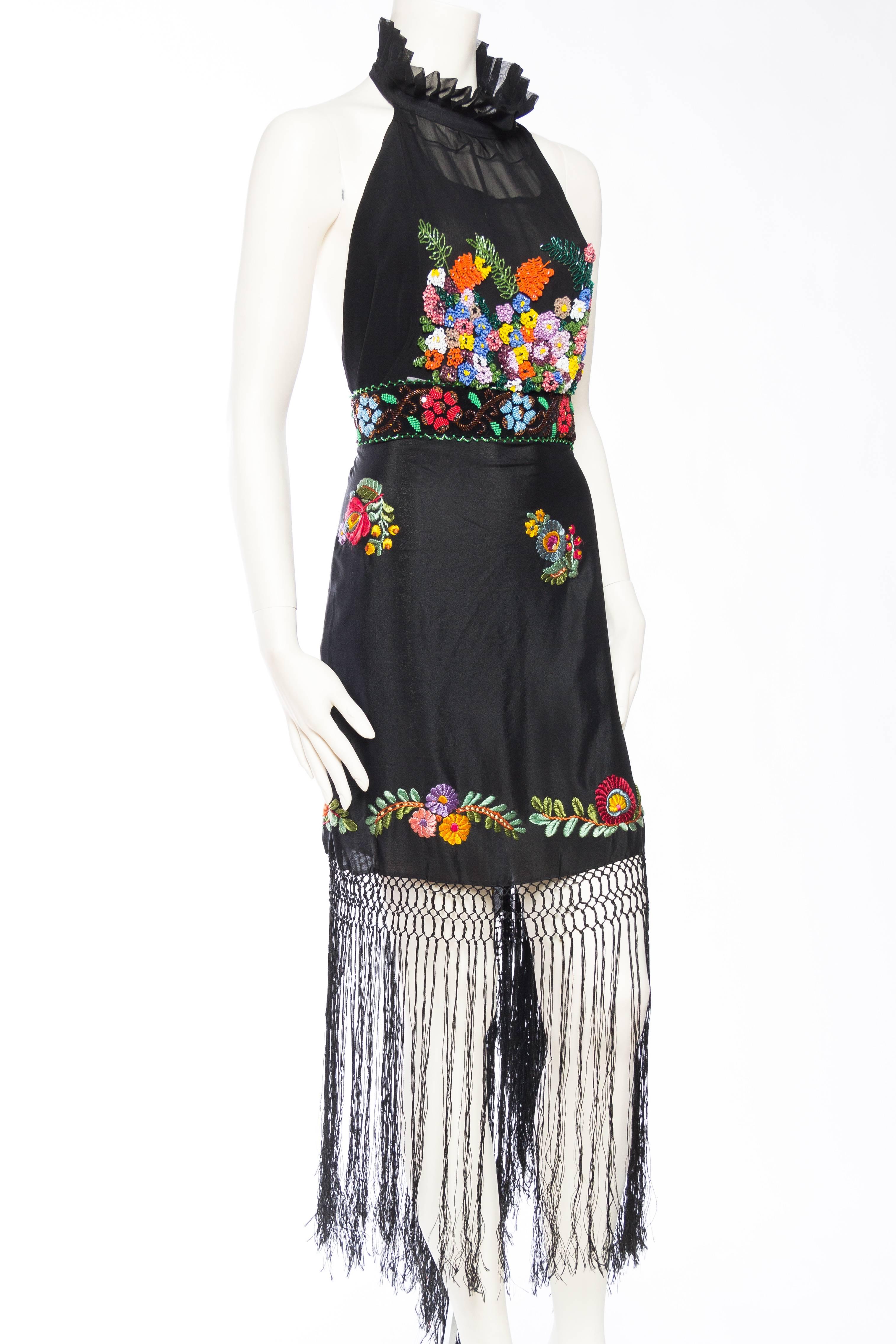Black Beaded and Embroidered Bohemian Halter Dress With Fringe