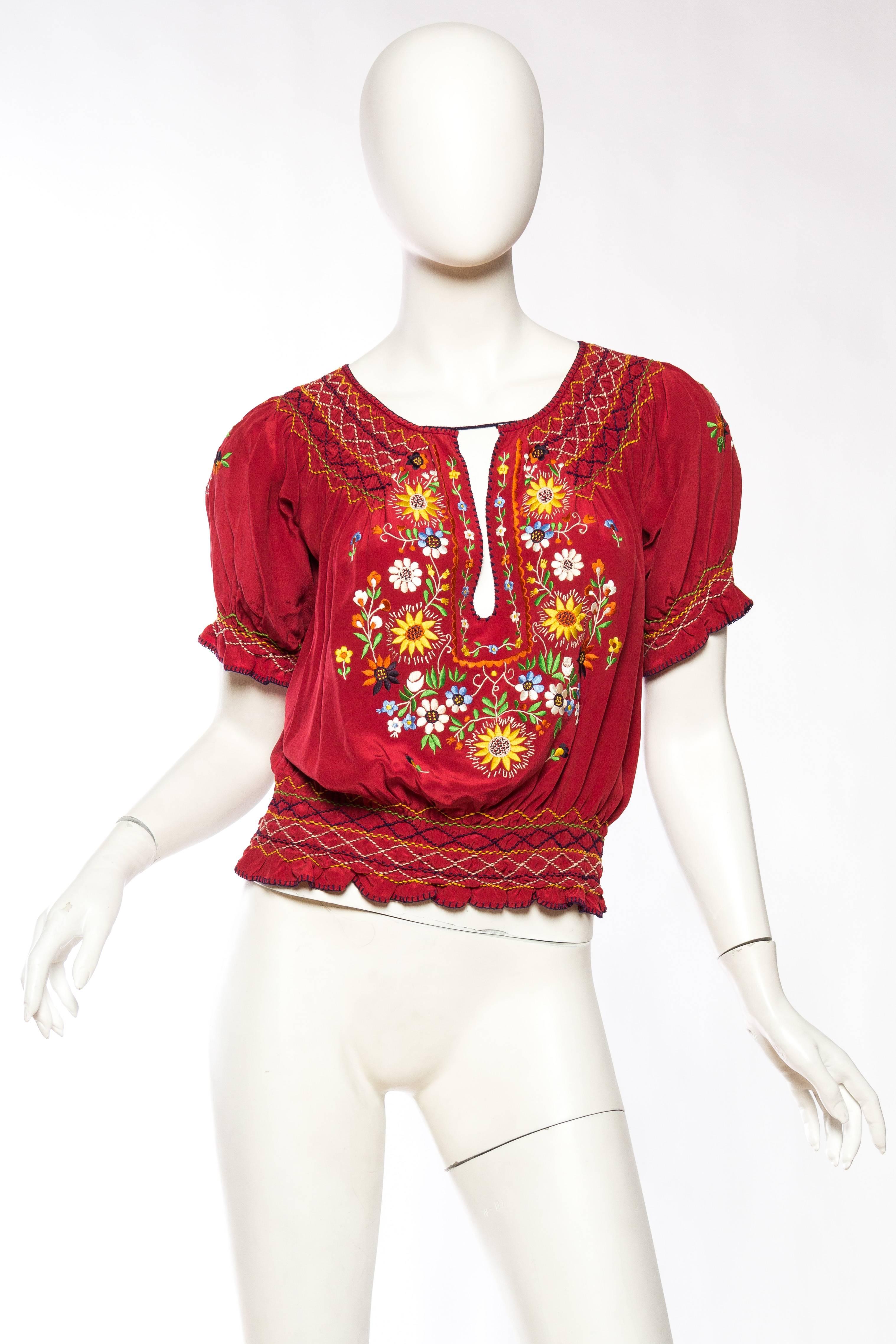Beautiful Vintage Hand Embroidered Silk Bohemian Blouse