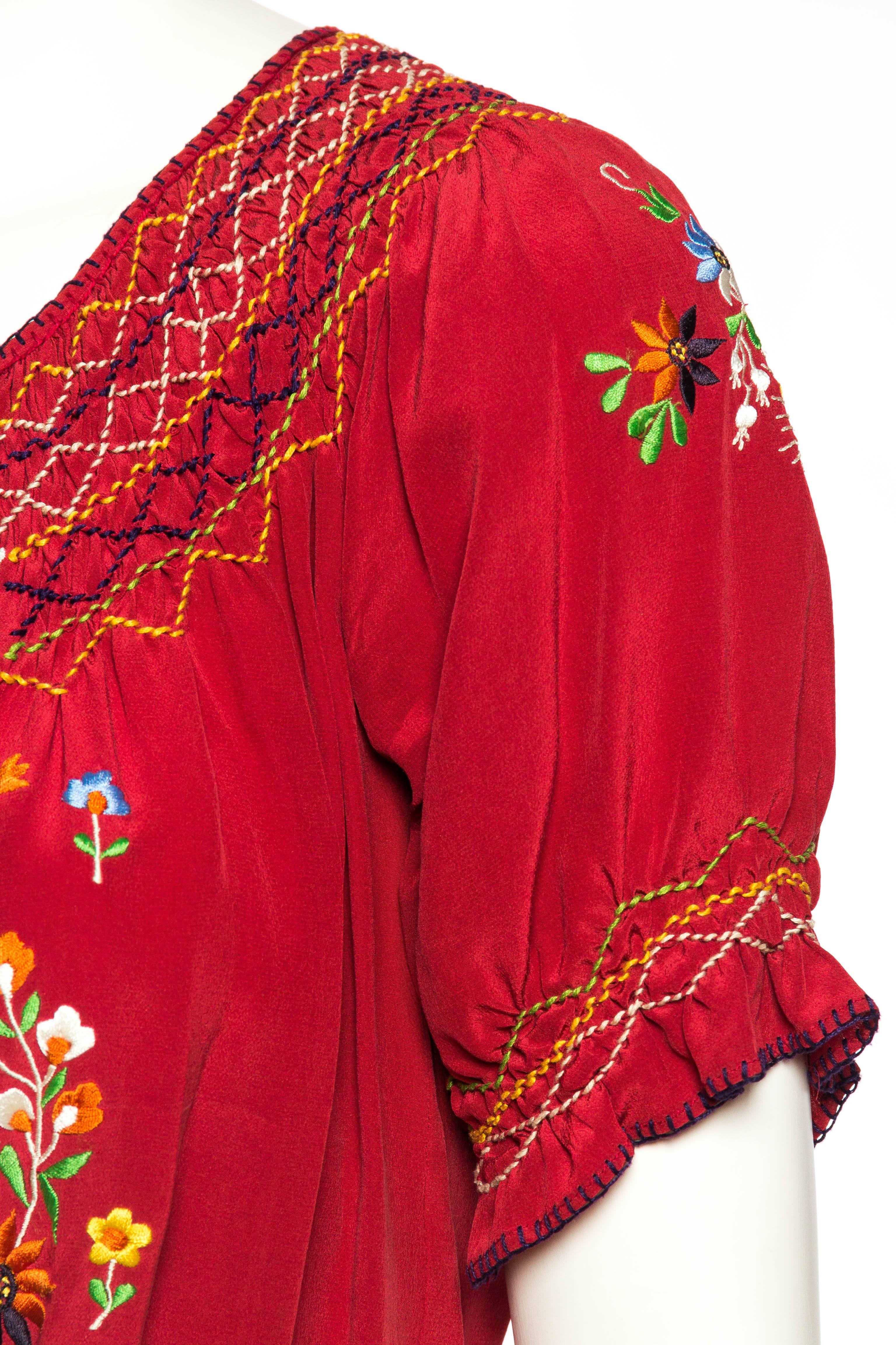 1970S Norma Kamali Cranberry Red Silk Crepe De Chine Embroidered Bohemian Blouse 4