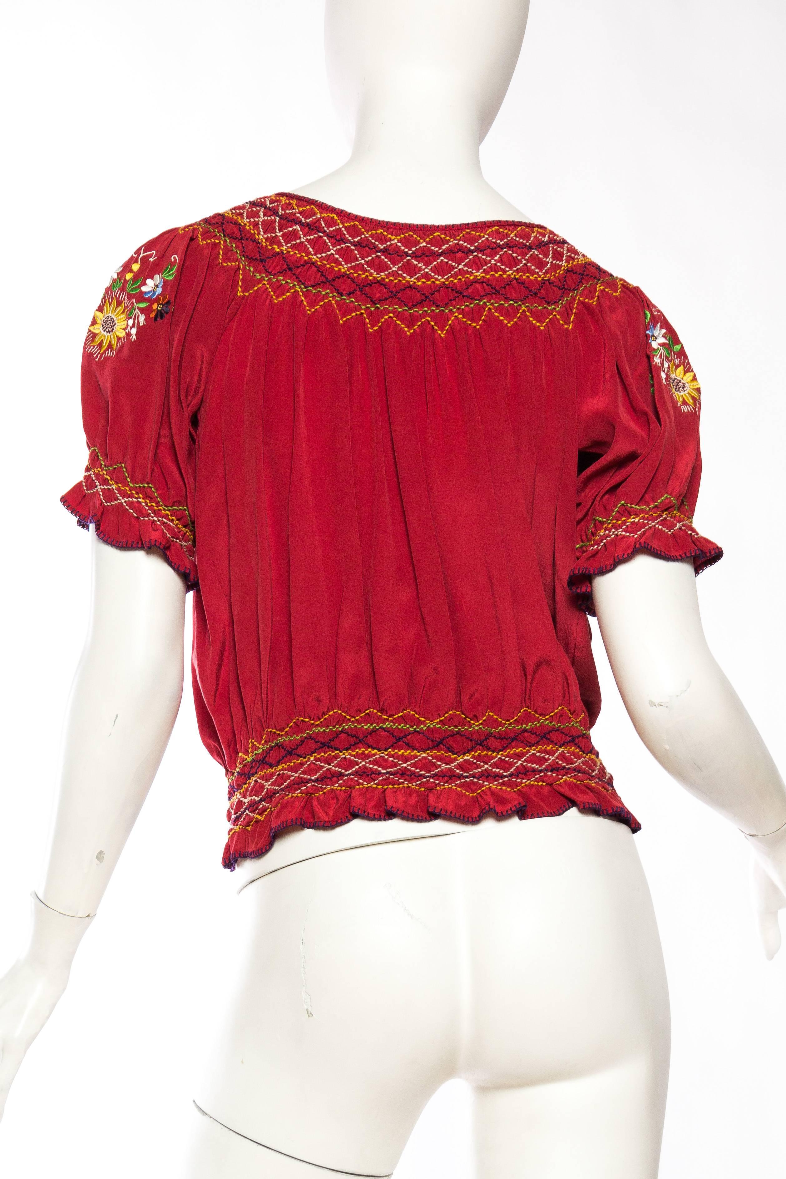 1970S Norma Kamali Cranberry Red Silk Crepe De Chine Embroidered Bohemian Blouse 1