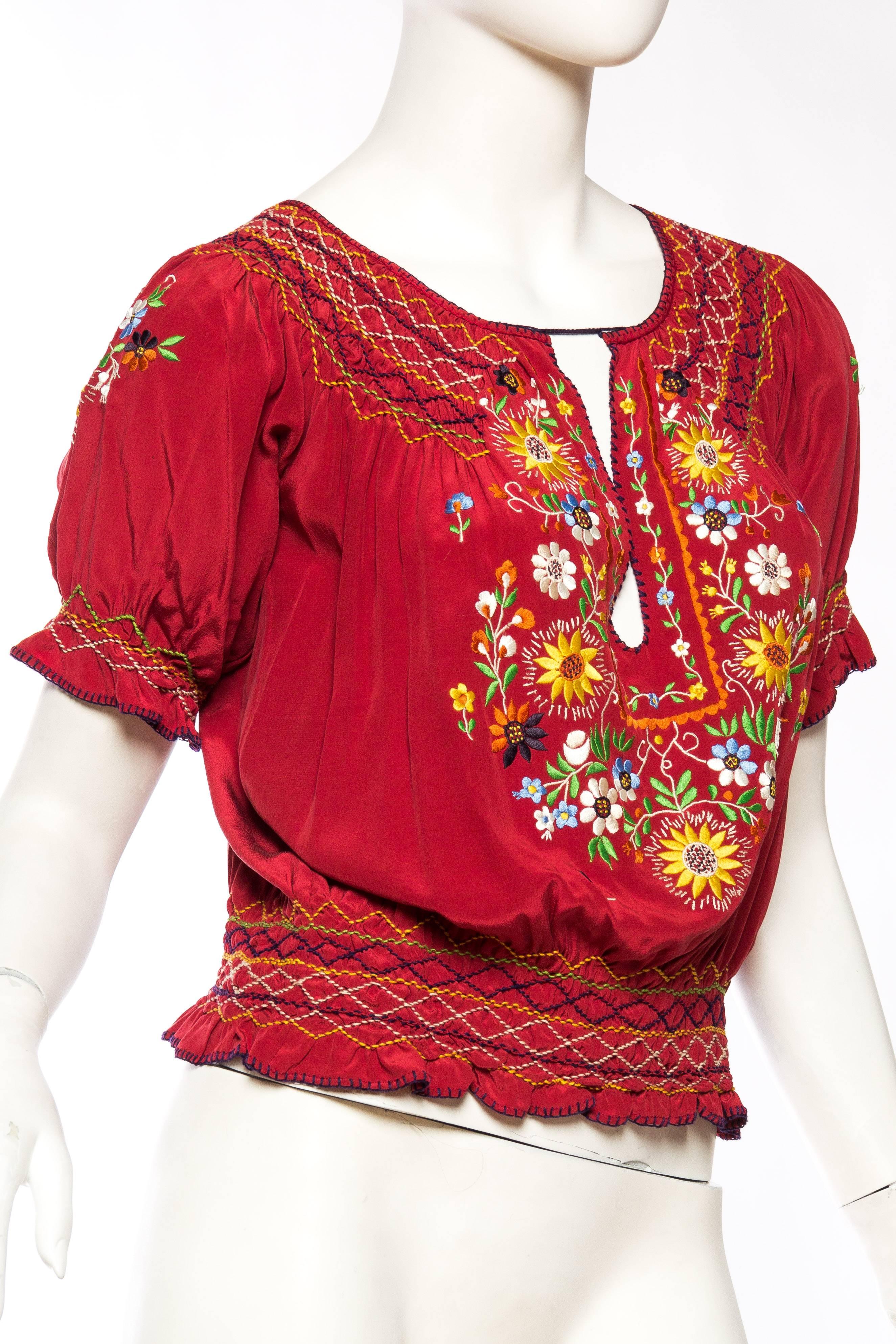 1970S Norma Kamali Cranberry Red Silk Crepe De Chine Embroidered Bohemian Blouse In Excellent Condition In New York, NY