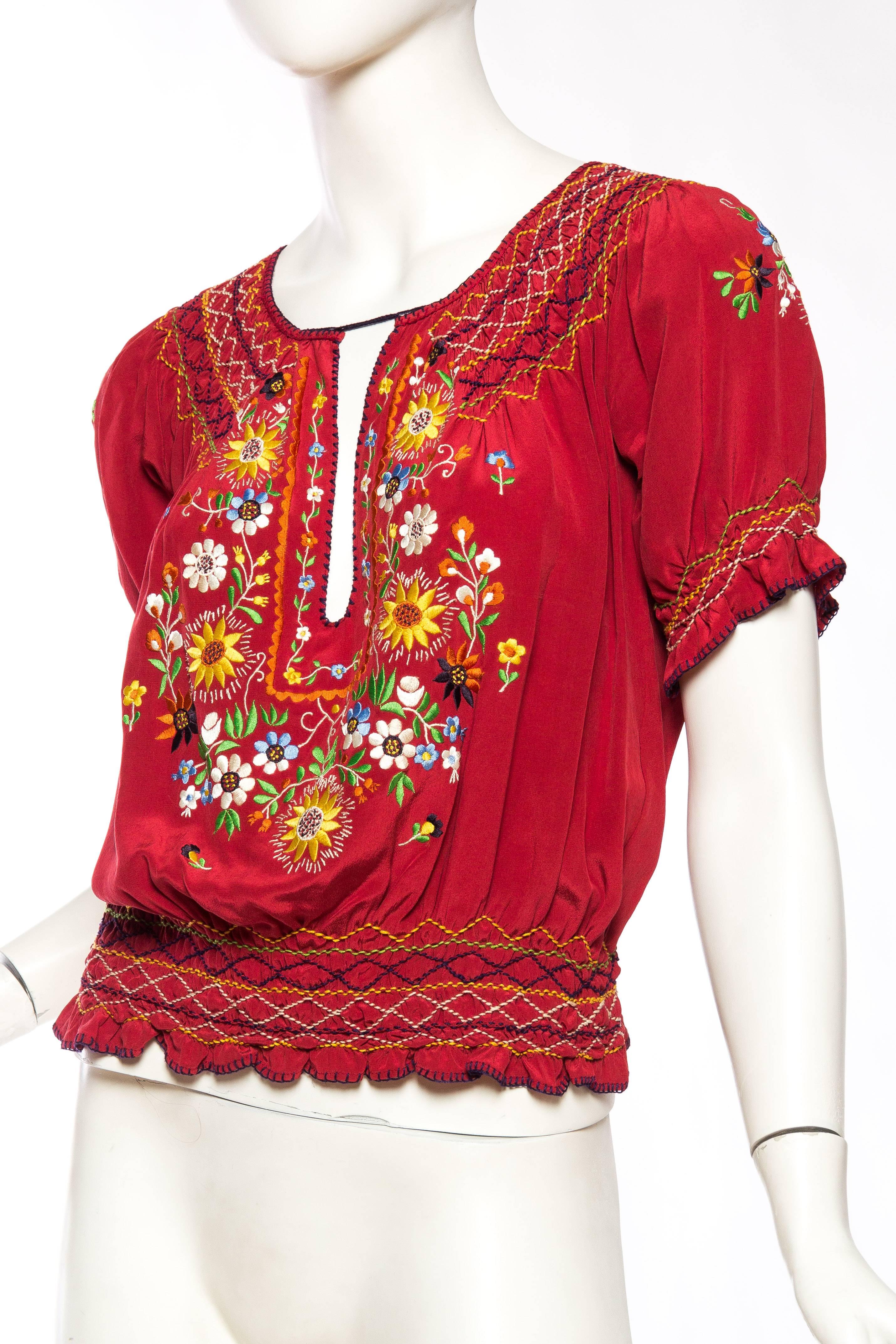 Women's 1970S Norma Kamali Cranberry Red Silk Crepe De Chine Embroidered Bohemian Blouse