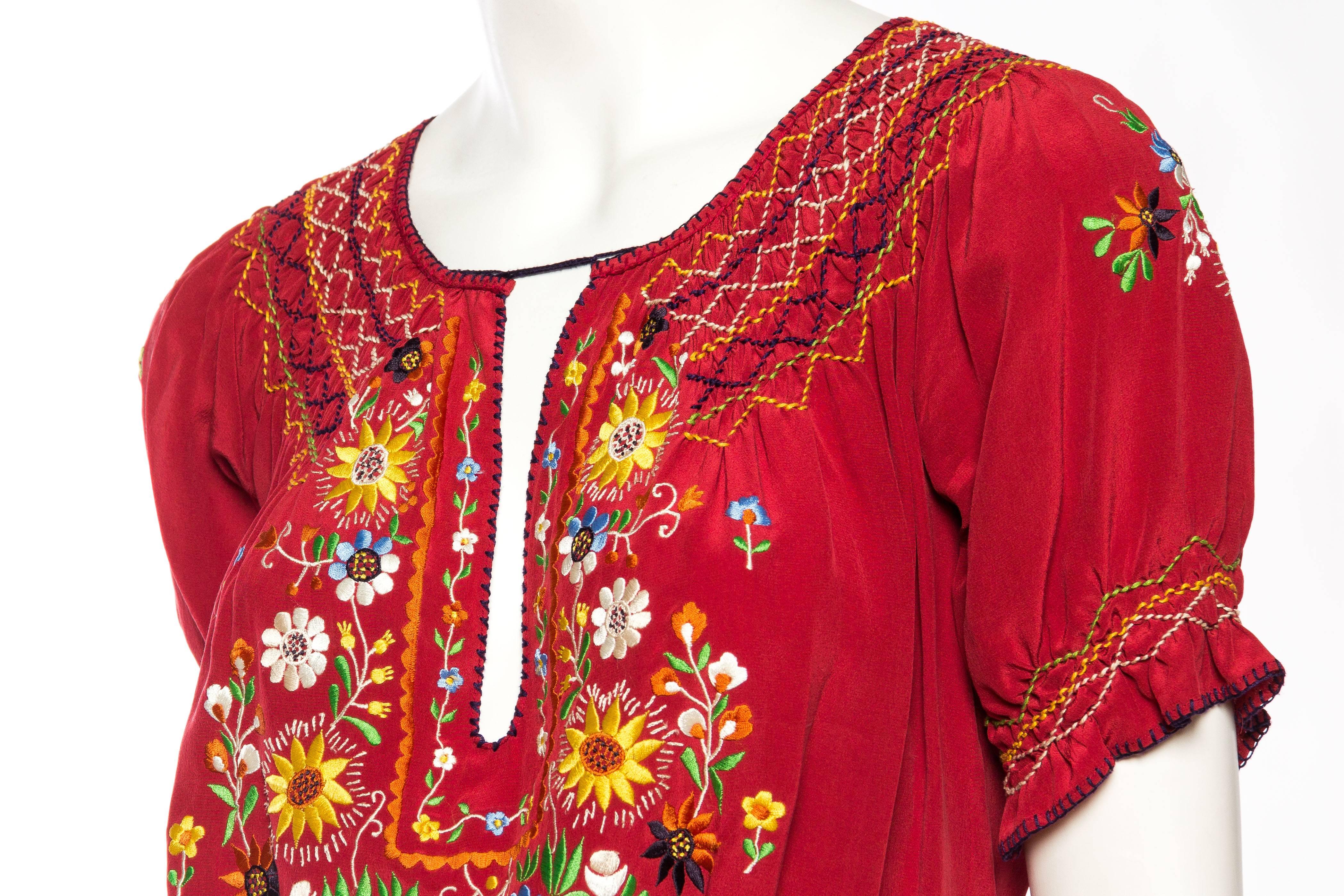 1970S Norma Kamali Cranberry Red Silk Crepe De Chine Embroidered Bohemian Blouse 3