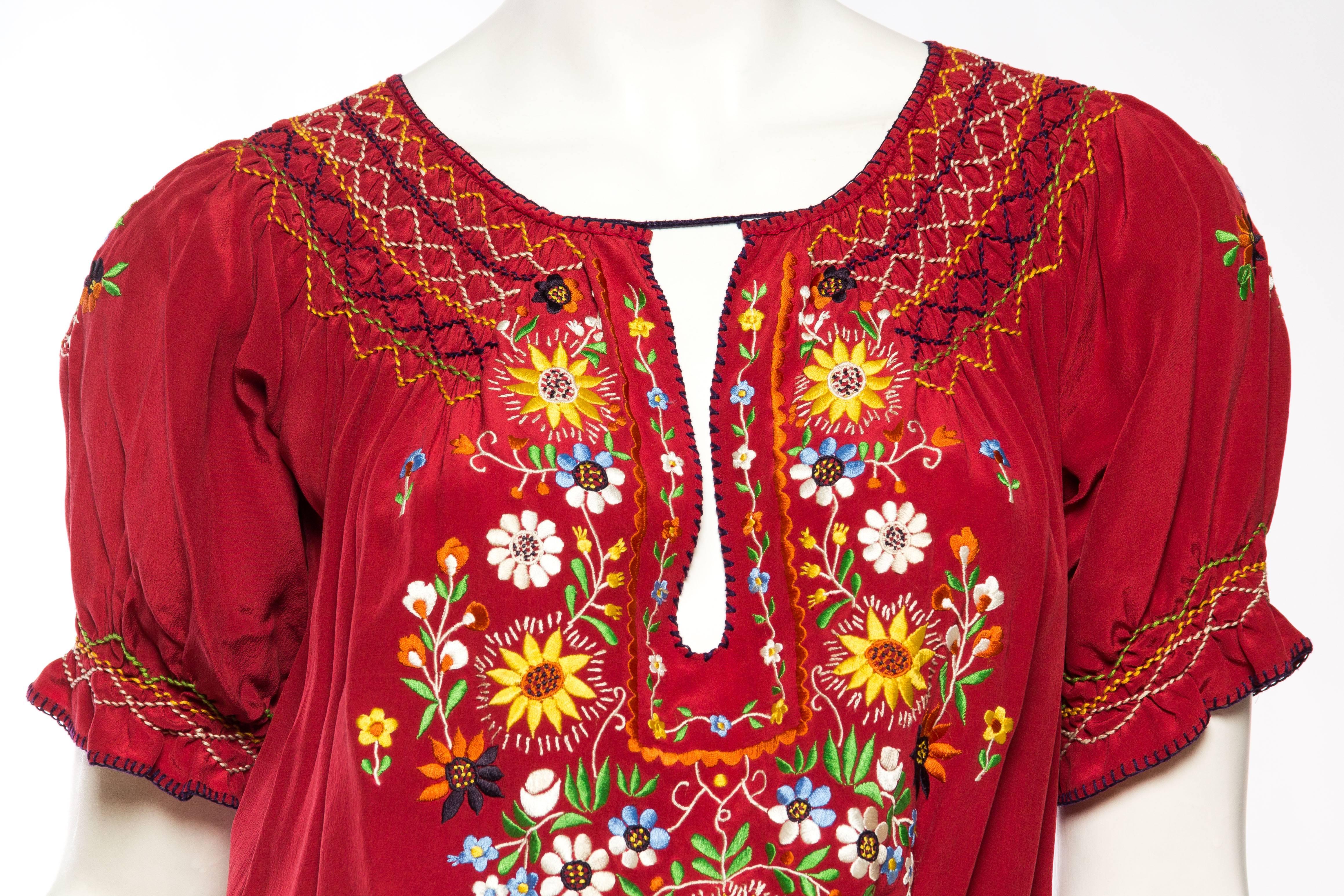 1970S Norma Kamali Cranberry Red Silk Crepe De Chine Embroidered Bohemian Blouse 2