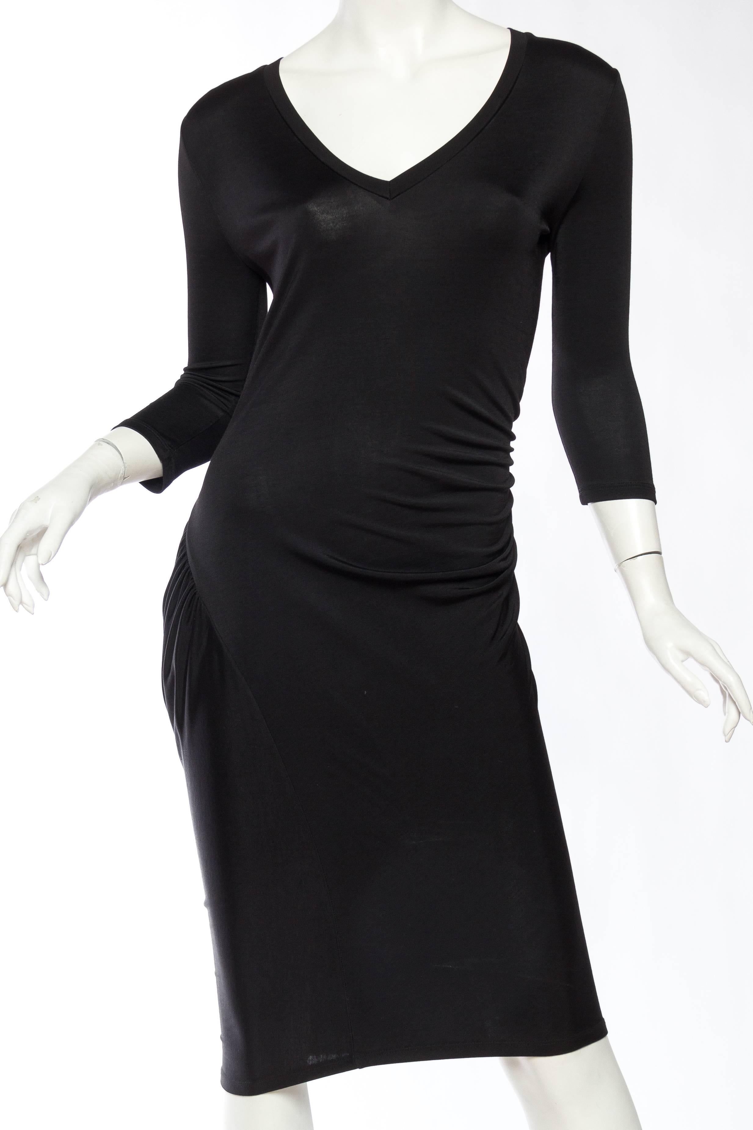 2000S ALEXANDER MCQUEEN Black Viscose Jersey Mcq Slinky 3/4 Sleeve Cocktail Dress