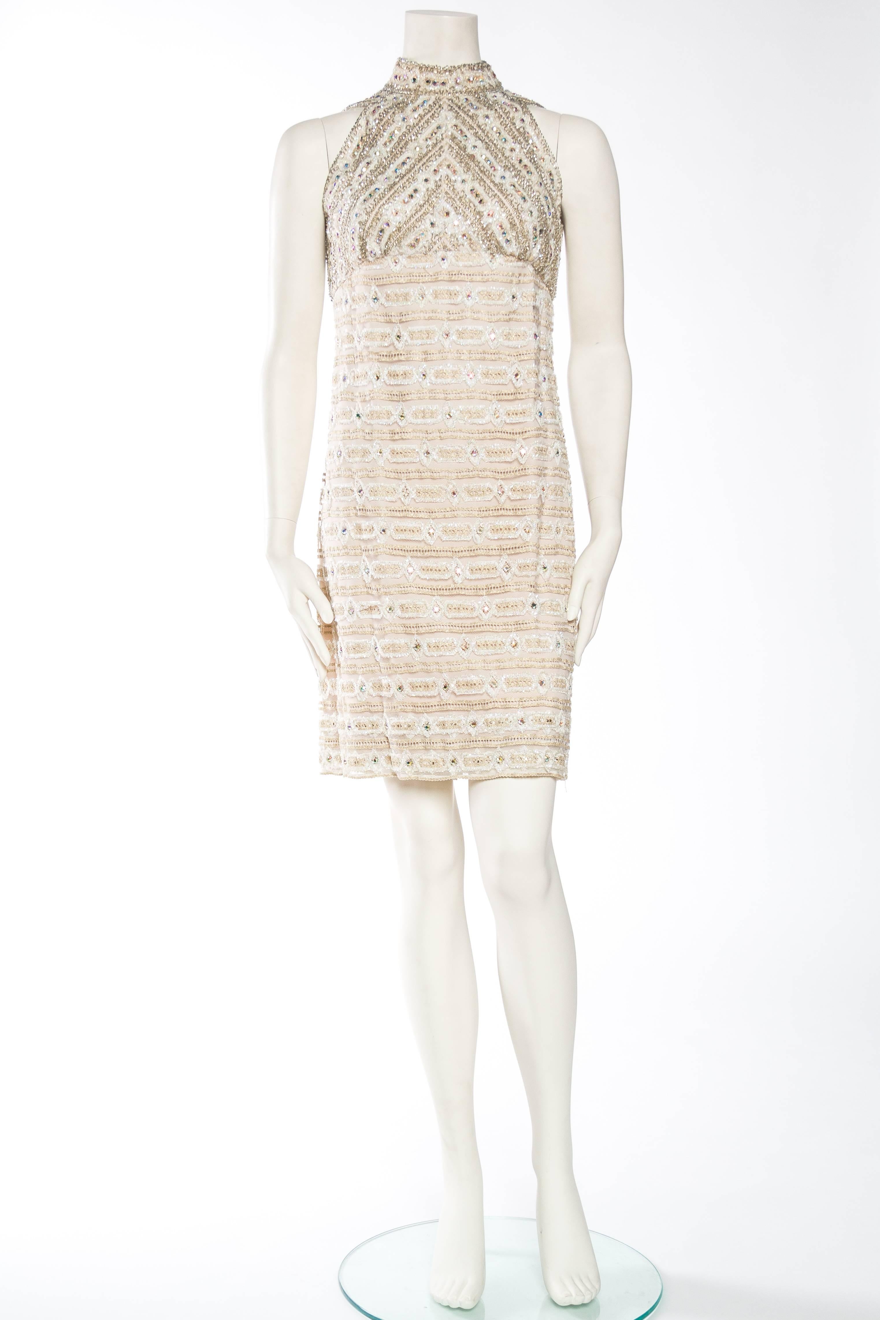 Gold 1960S White Metallic Rayon & Lurex Lace Crystal Encrusted Cocktail Dress