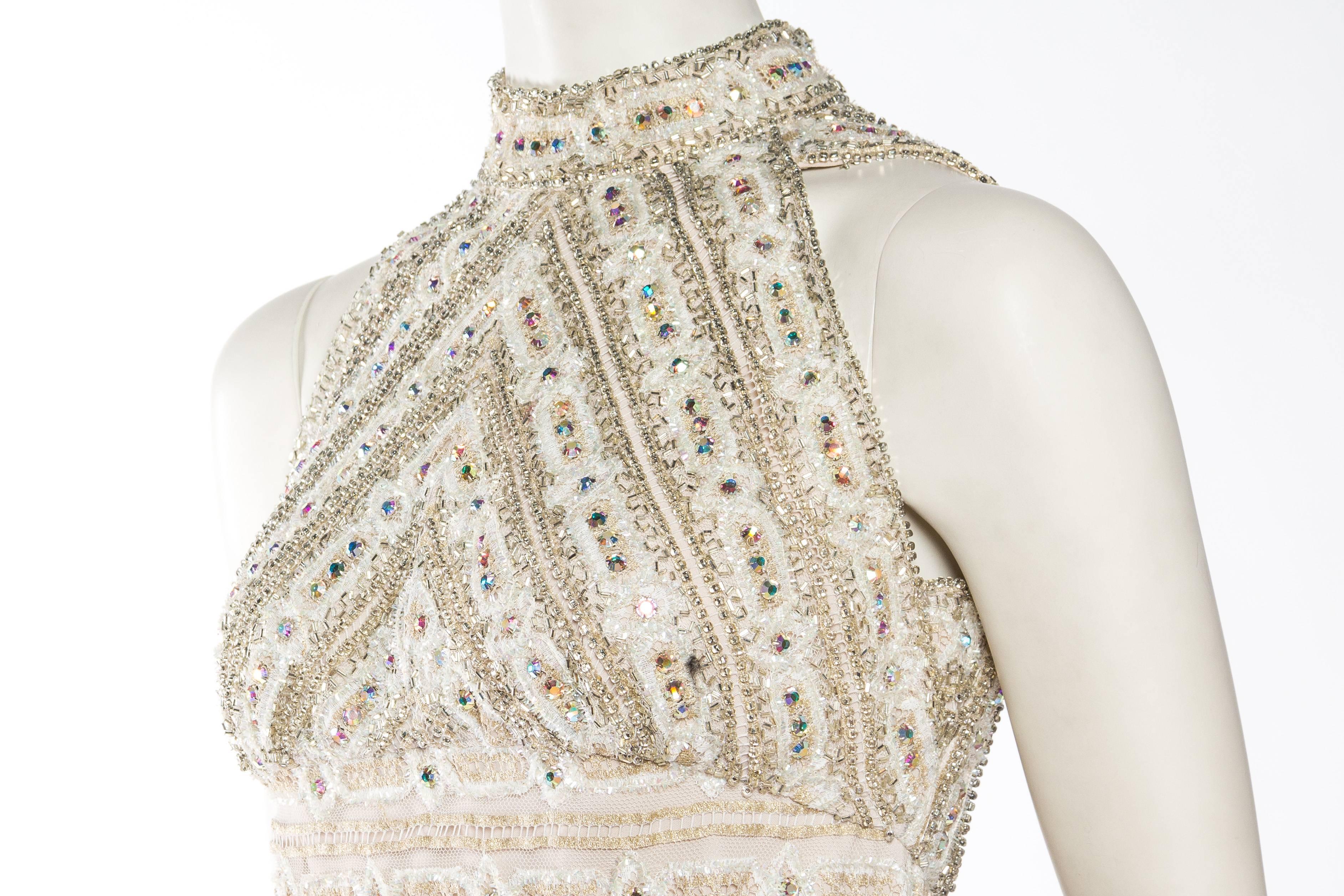 1960S White Metallic Rayon & Lurex Lace Crystal Encrusted Cocktail Dress 2