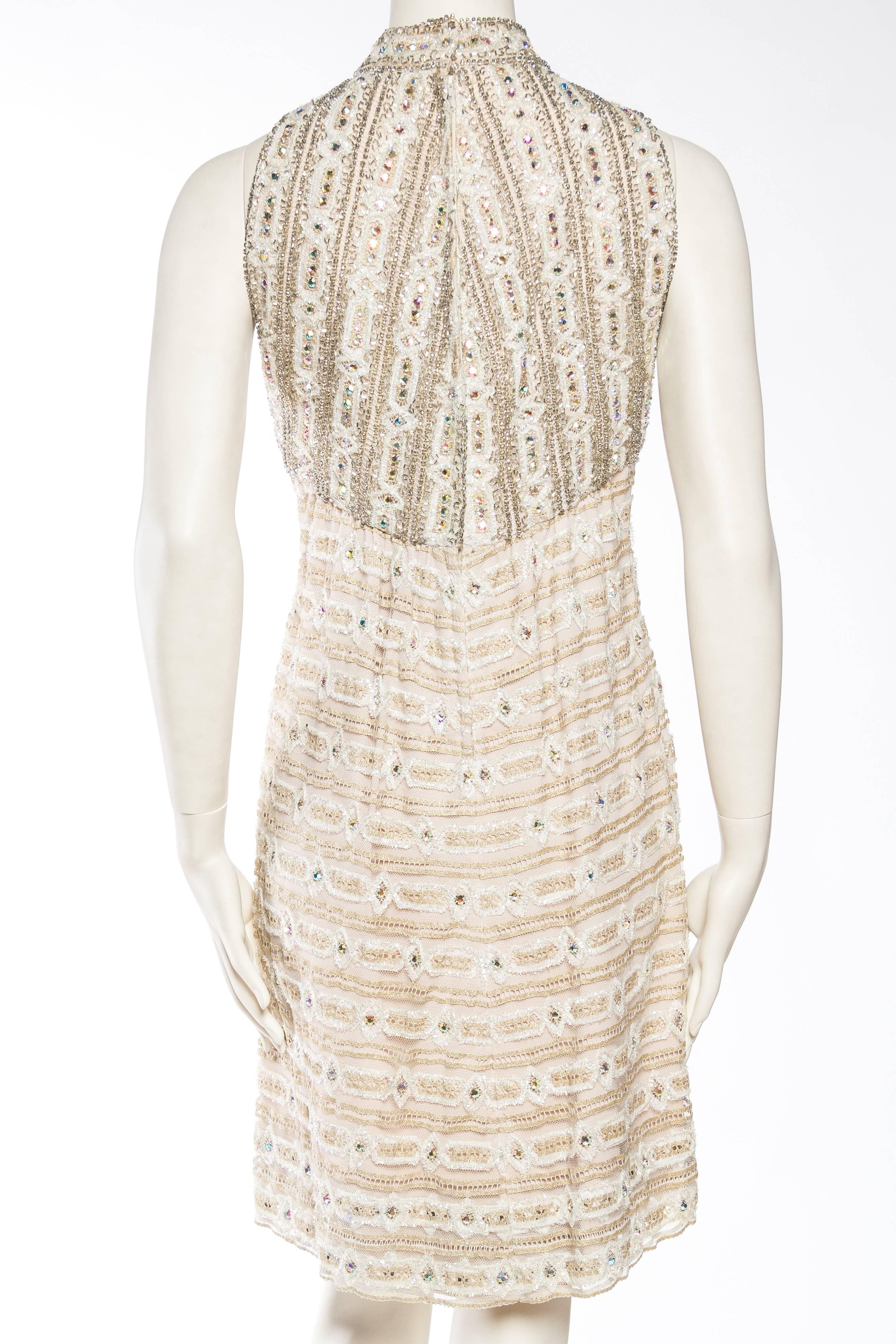 1960S White Metallic Rayon & Lurex Lace Crystal Encrusted Cocktail Dress 1