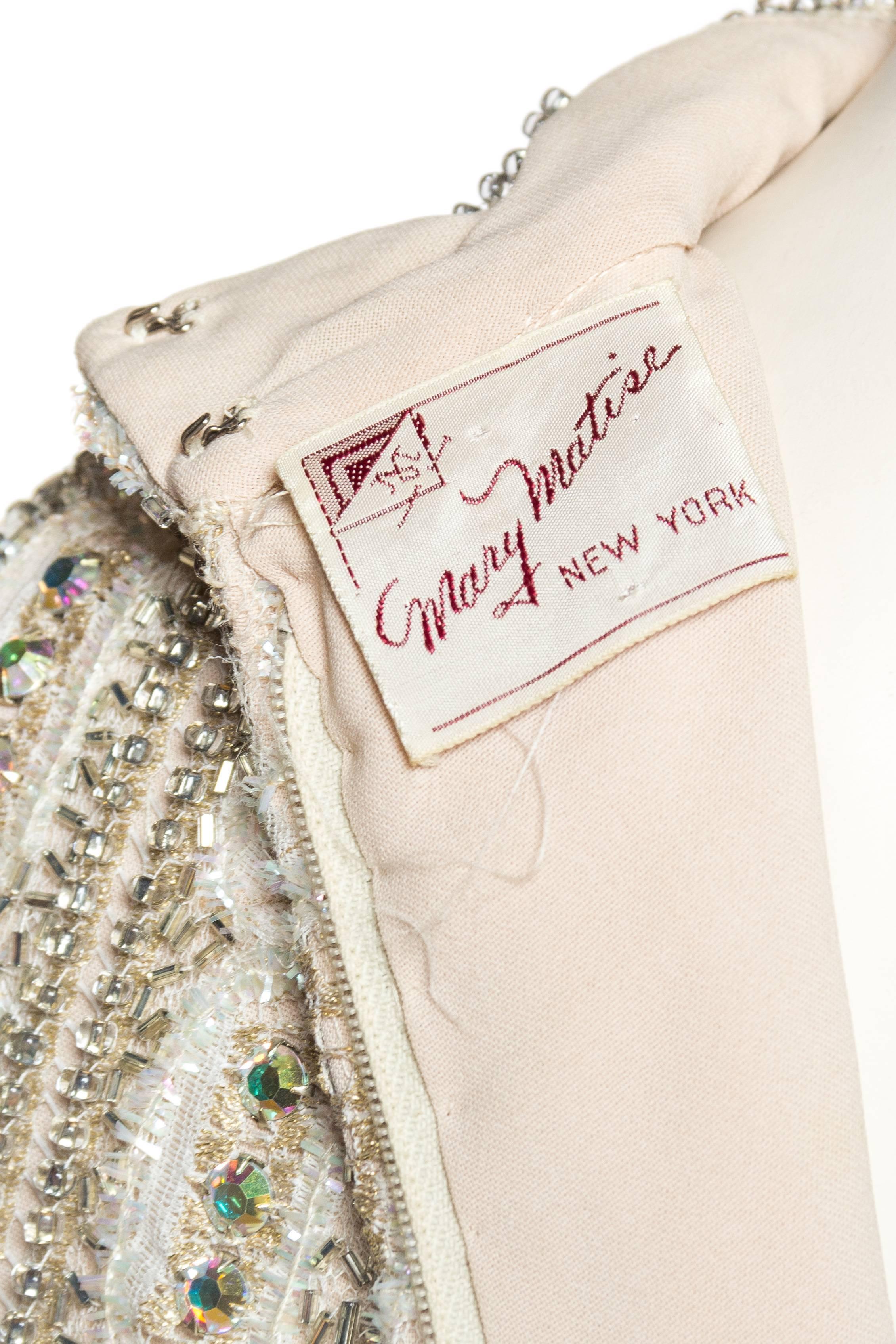 1960S White Metallic Rayon & Lurex Lace Crystal Encrusted Cocktail Dress 5