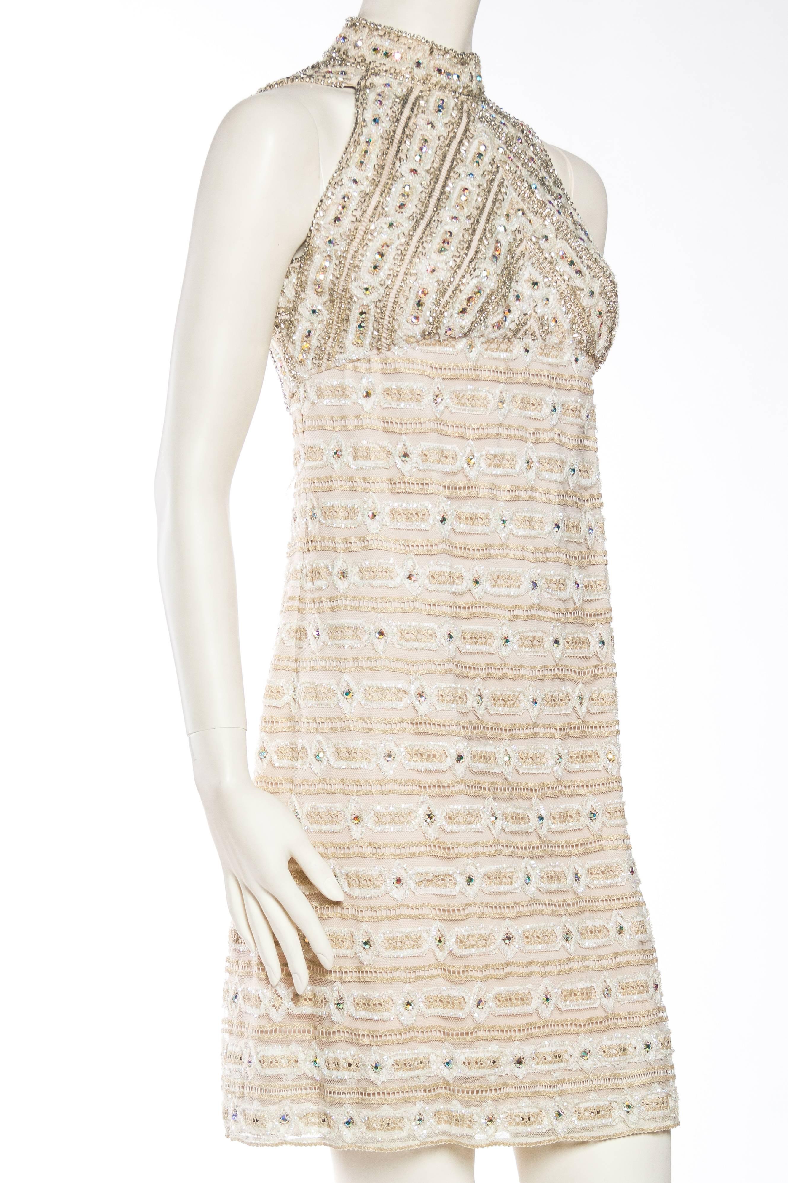 1960S White Metallic Rayon & Lurex Lace Crystal Encrusted Cocktail Dress In Excellent Condition In New York, NY