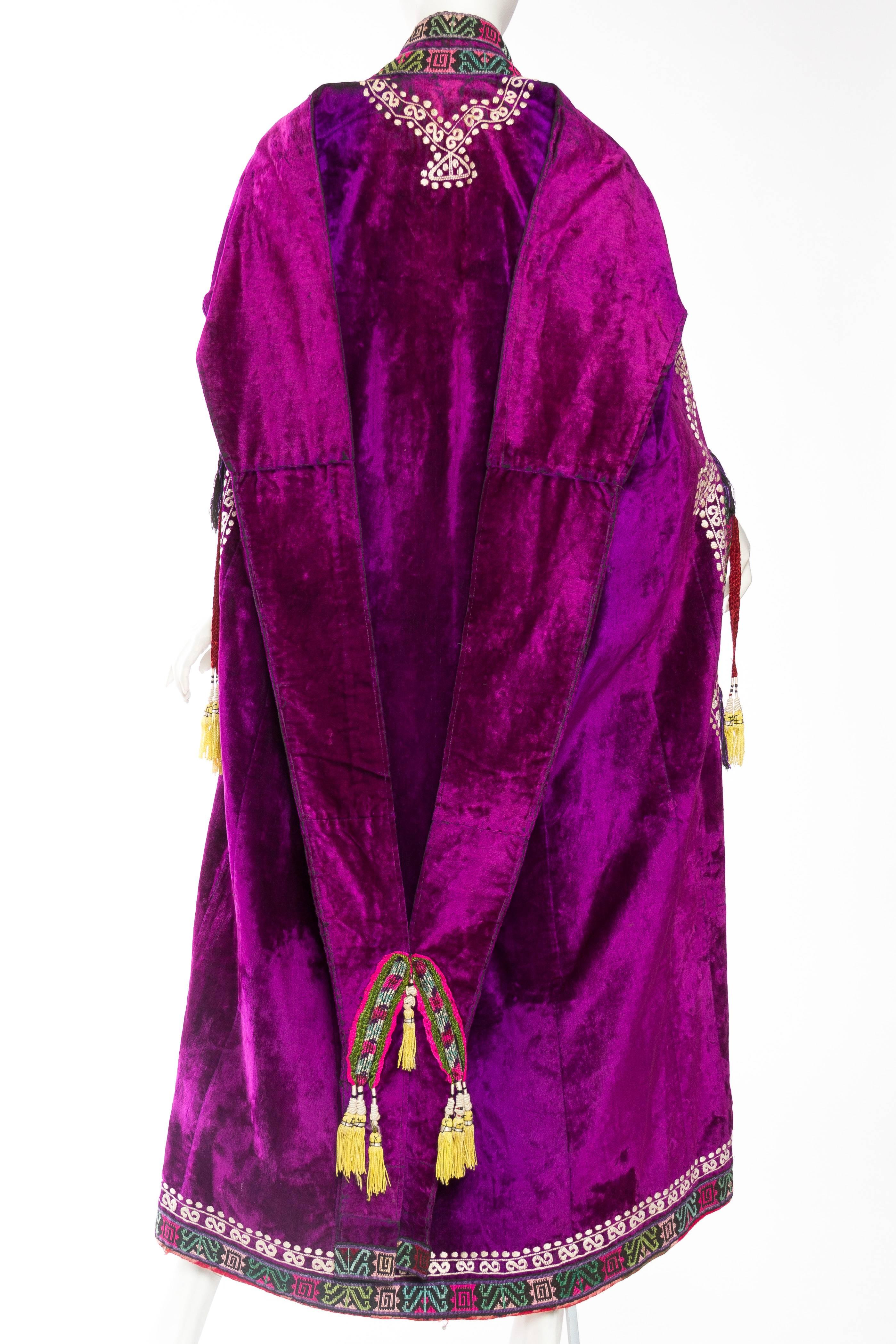 Women's or Men's 1970S Purple Velvet Antique Ethnic Embroidered Cape With Ikat Trim For Sale