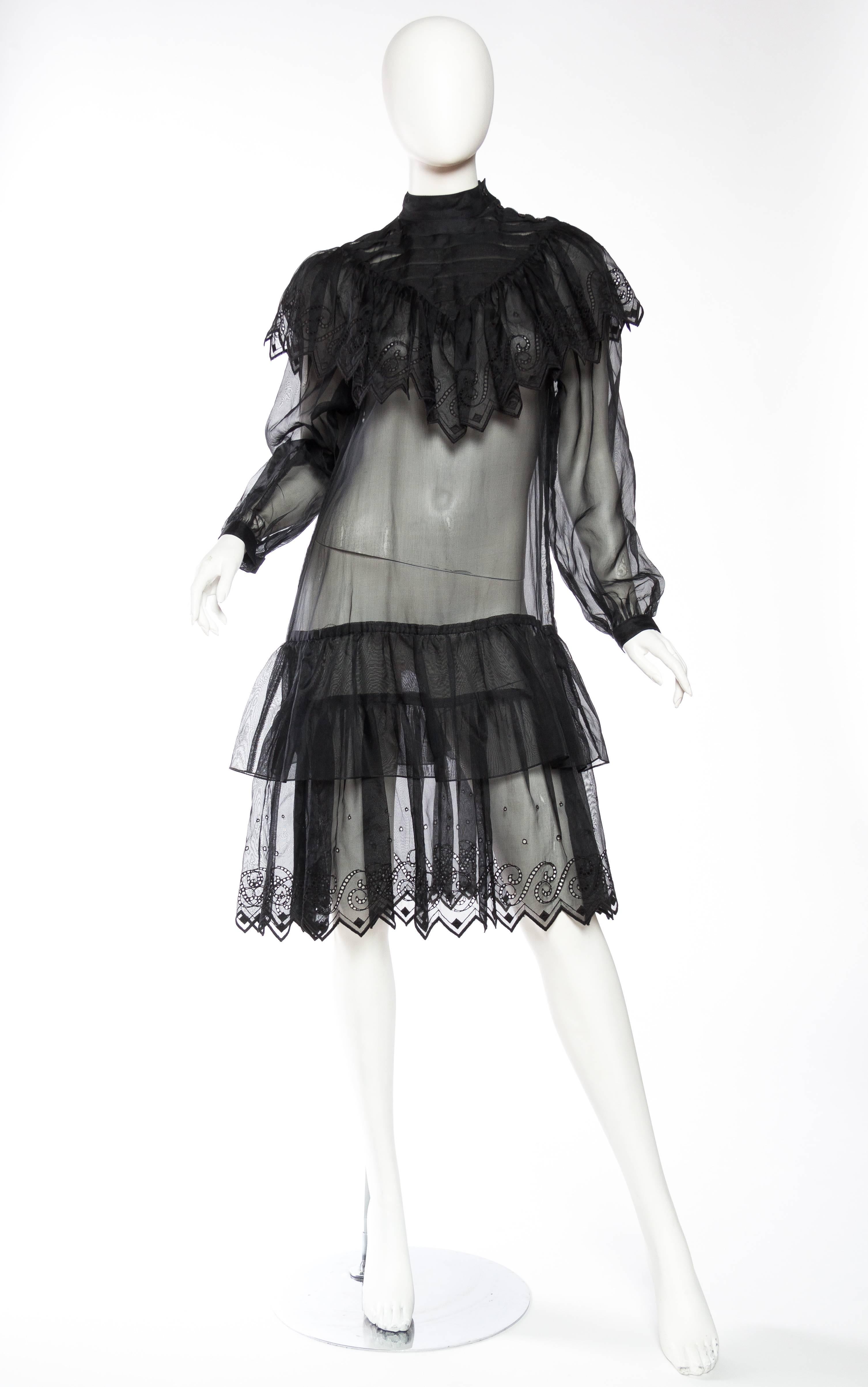 Black 1970s Gucci Style Silk Organza Victorian Inspired Sheer Lace Dress