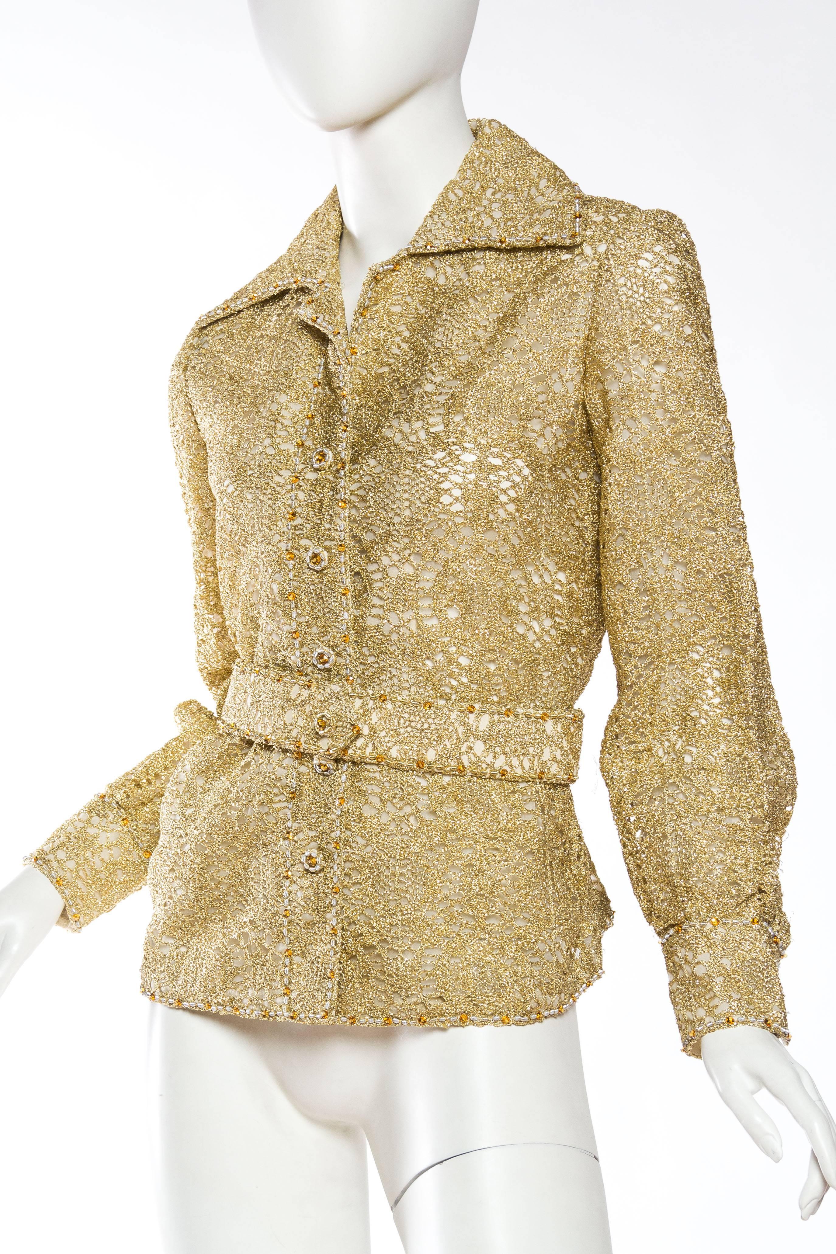 Women's 1970S Gold Silk & Lurex Lace Button Front Shirt With Crystals Self Fabric Belt For Sale